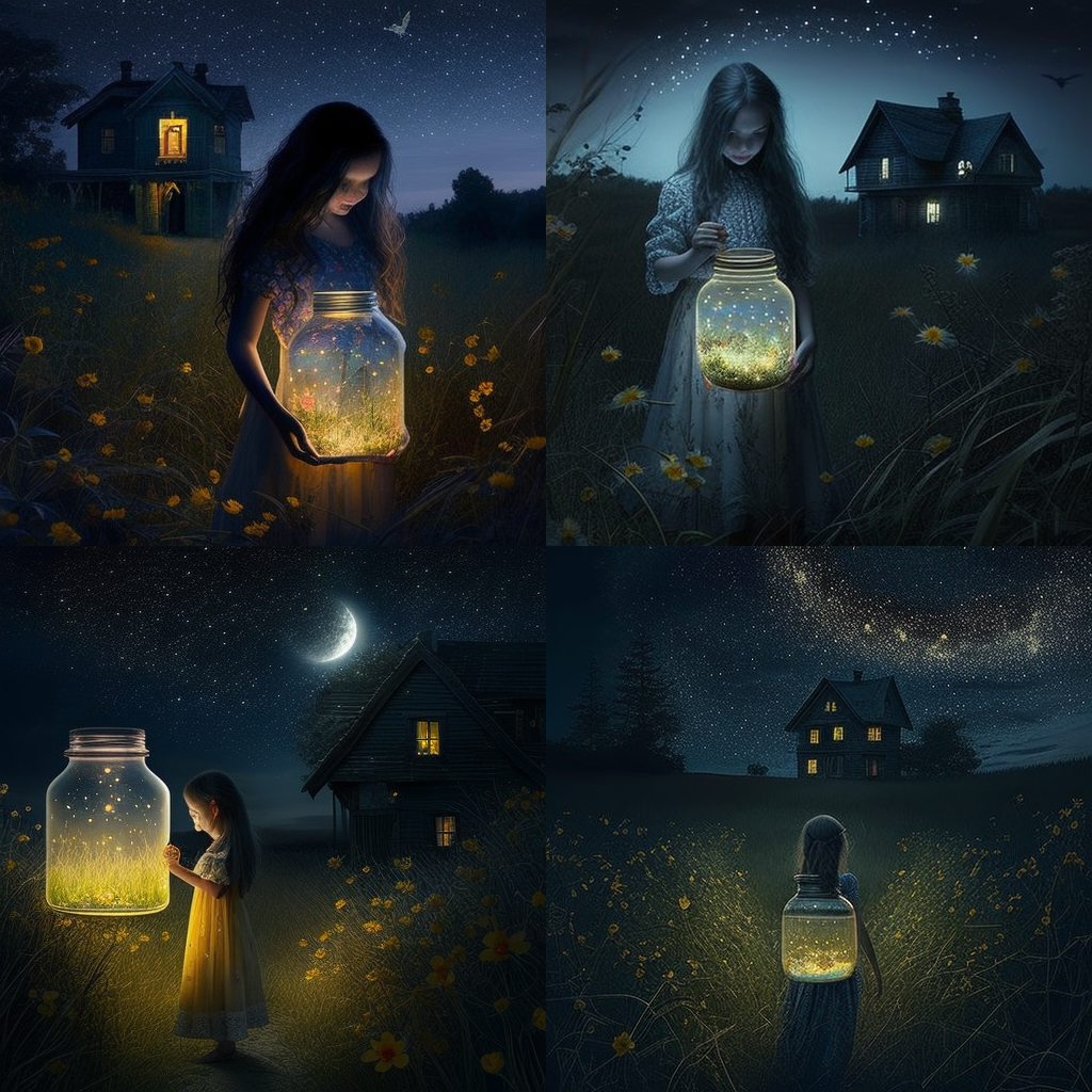 night time sky, stars, moon, 
cottage home, in meadow, young girl, long hair,  lace night gown, holding jar, yellow fireflies.