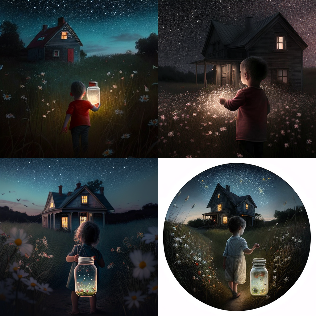 night time sky, tiny white and pink flowers in the grass, stars shining bright, tiny red house in background, child holding a jar, fireflies flying around