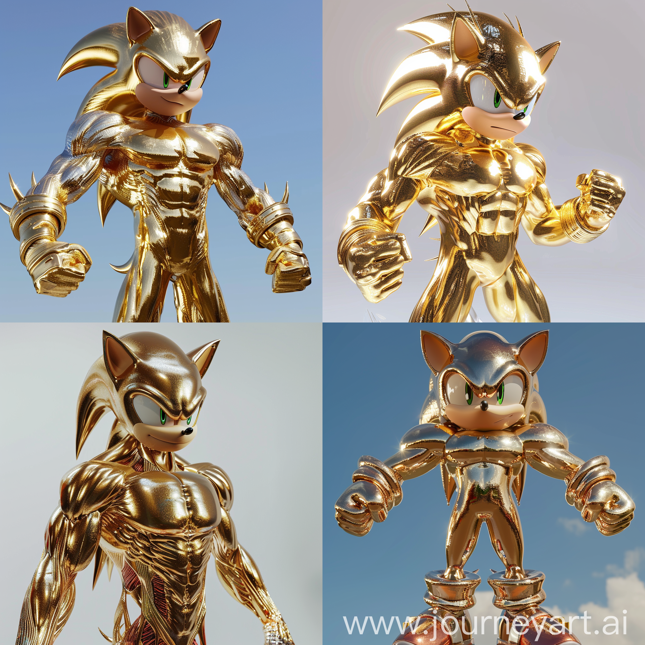 sonic with big muscles, epic pose and his body is entirely gold, on clear background, all body view