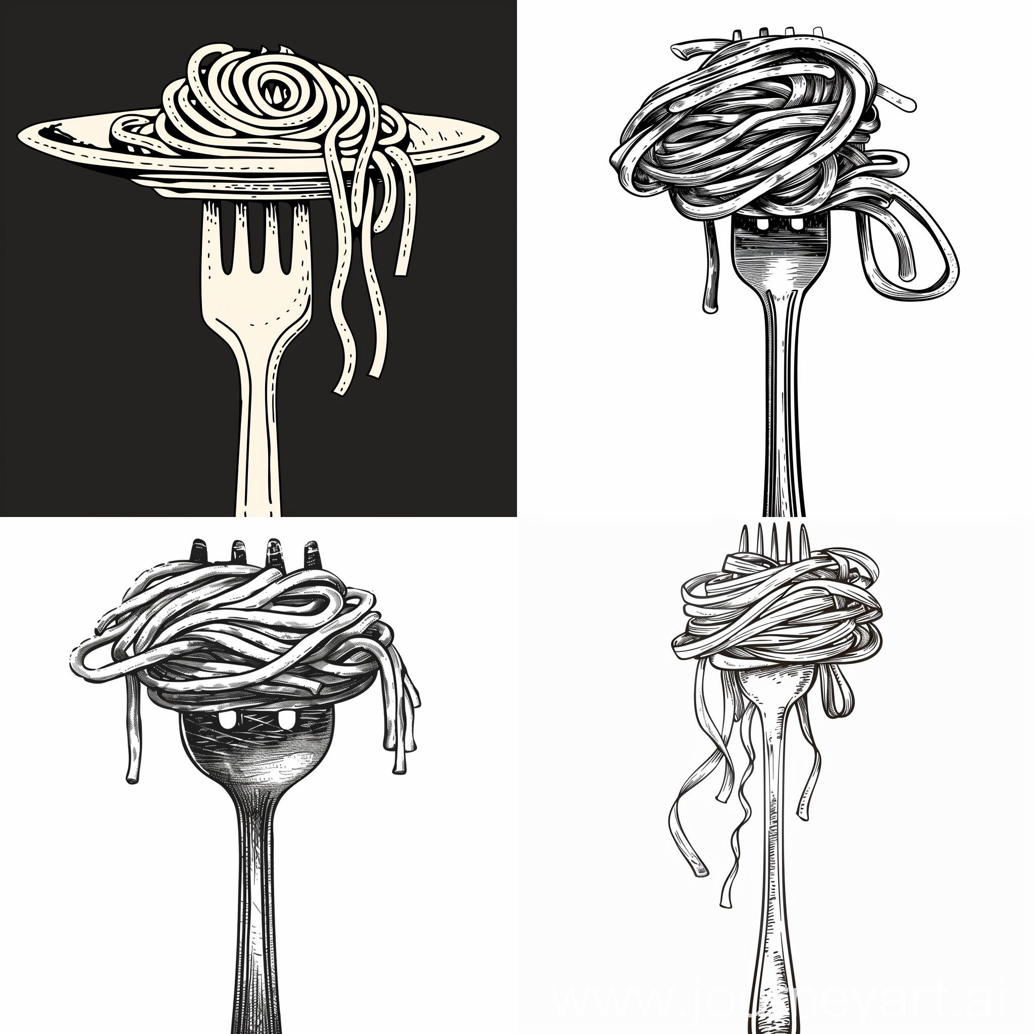 spaghetti on the fork vector , black and white , handrawing .