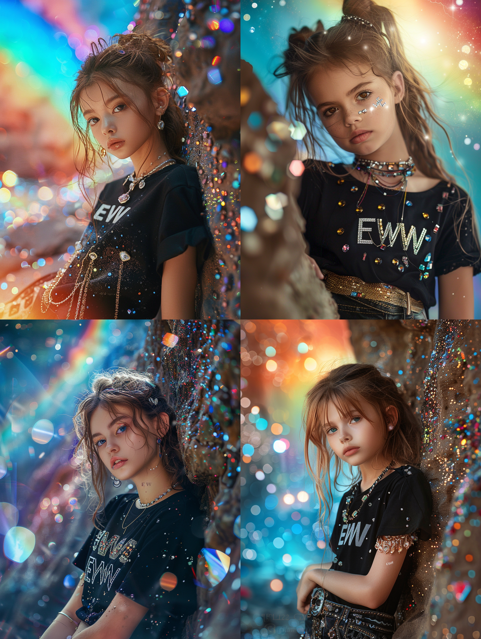 ultra wide shot, surreal photograph from a fantasy story, A cute girl leaning against a rock, dreamy look,  she has a black shirt with the inscription "EWW" and shiny gems and wears a lot of jewelry, Everything is a fantasy atmosphere, in the background are a rainbow and surreal elements with gems, glitter and diamonds, vermillion and blue, bright light, --stylize 250 --style raw --v 6
