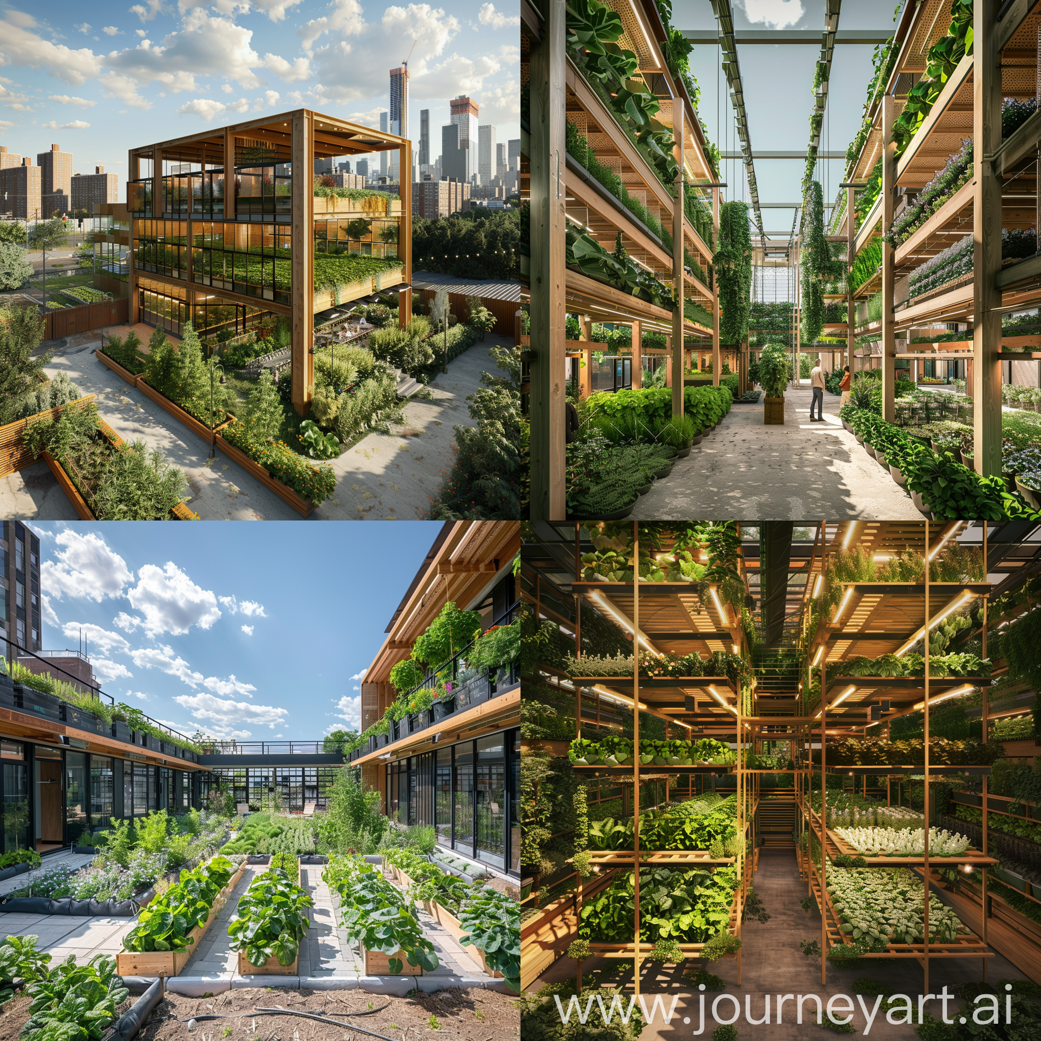 vertical farm with courtyard, plaza, and learning center in queens ny on 1.5 acre property.  exposed timer post and beam
