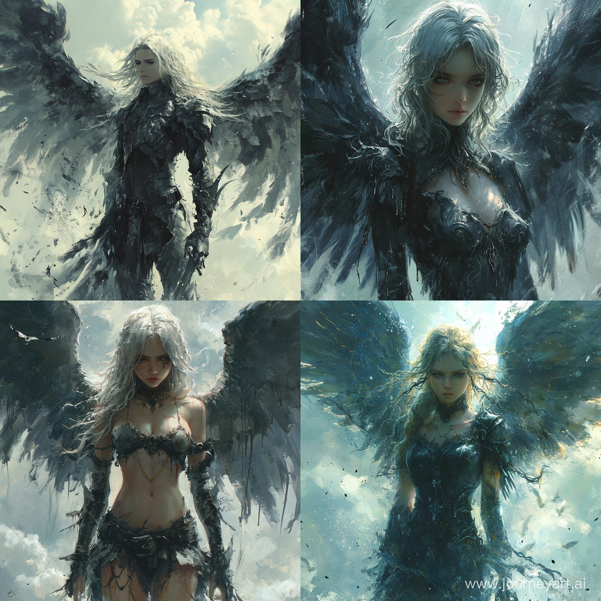 Anime::1.3 dark angel with large black wings, standing in front of a sky background with white and blue hues, the anime angel has white hair and is wearing a armor-like outfit, the wings are spread out and there are black paint drips trailing from them, --s 500