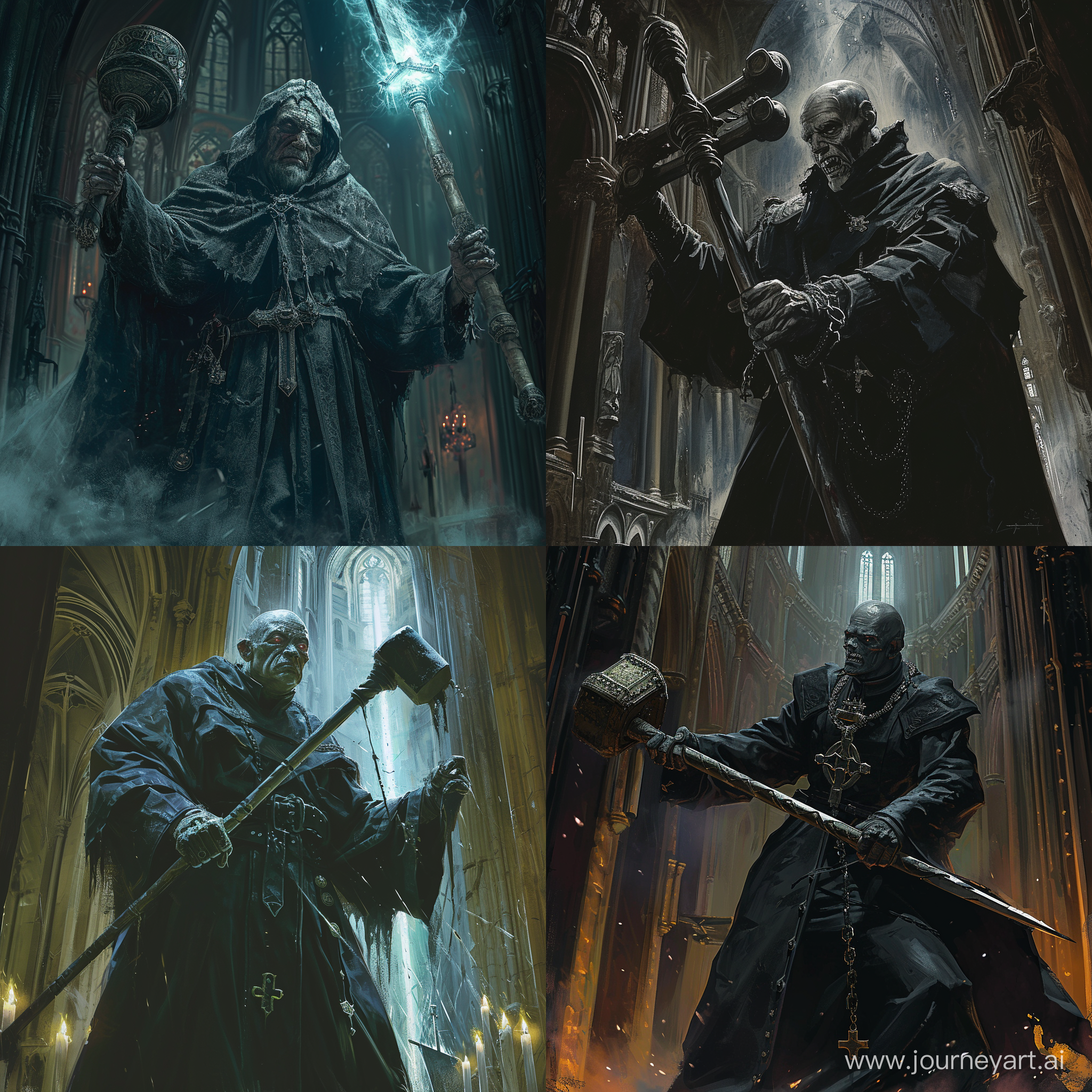 Corrupted priest,Gothic,Wielding a mace in a Cathedral,gritty,1970's Dark Fantasy,Dark lighting,Detailed