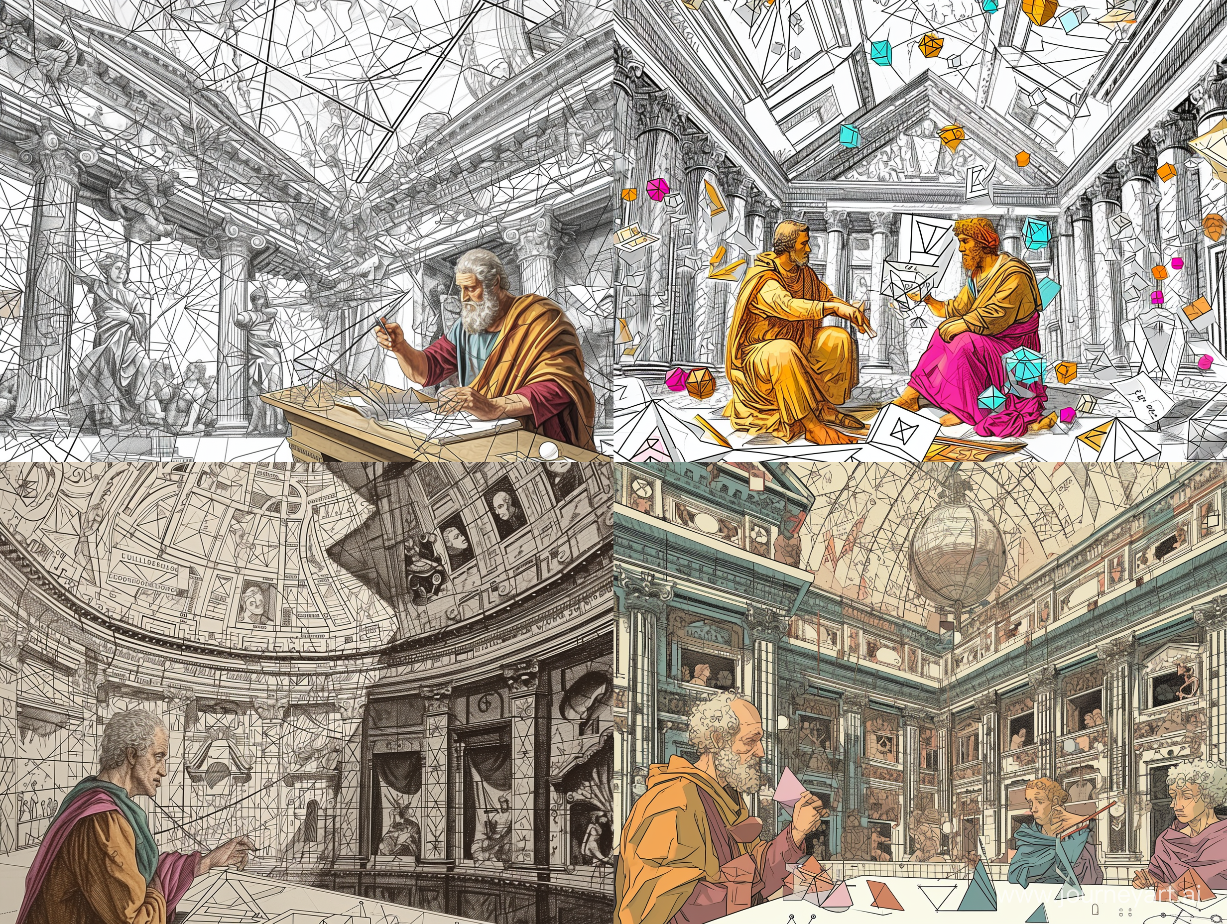 Generate a visually striking scene, depicting Euclid instructing peers in Euclidean Geometry within a Baroque building. Employ thin black lines in the Baroque etching style for the black-and-white depiction of the entire structure. Euclid should be rendered in color, adopting a Raphaelite style as he examines geometric figures. Zoom in on Euclid for emphasis. Populate the background and ceiling with diverse geometric elements such as triangles, squares, theorems, circles.