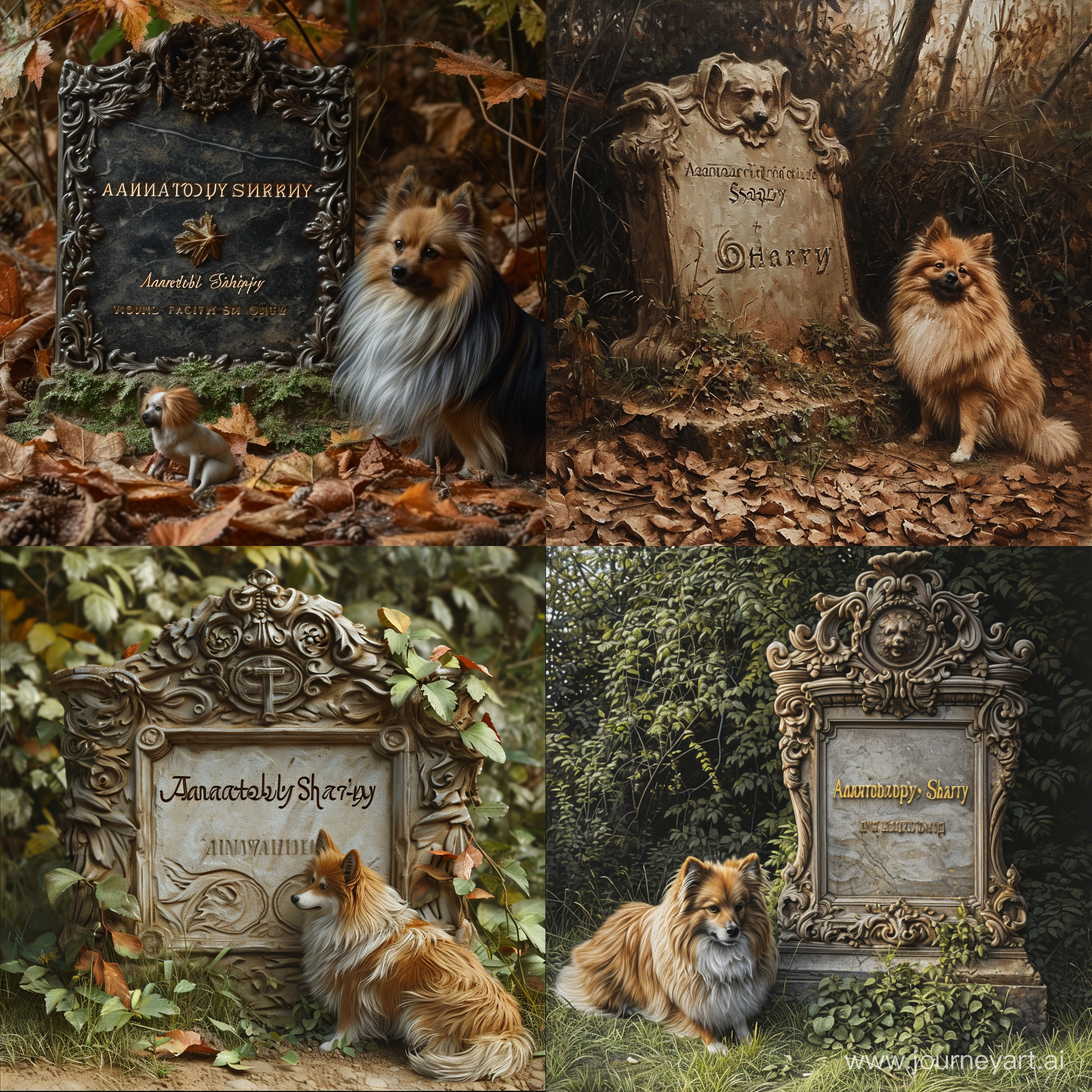 Могила, на которой написано Анатолий Шарий, гиперреализм, большая детализация, рядом сидит собака породы шпиц