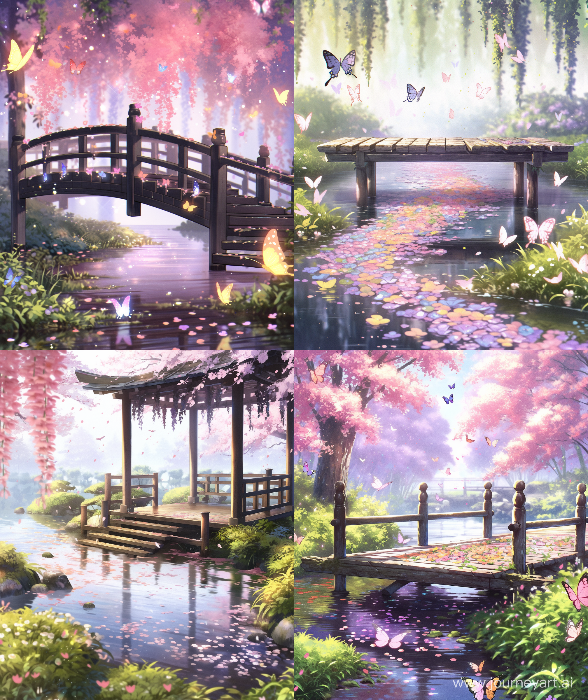 Mokoto shinkai style Peaceful pond, colorful petals, lily pad, wooden wet pier, white wisteria flower tree, flower beside pond, glistening sunlight over pond, many small and big pink and red lotus, colorful spring time colorful tree, butterfly, ultra hd, High quality, anime style, , --ar 27:32 --niji 5 