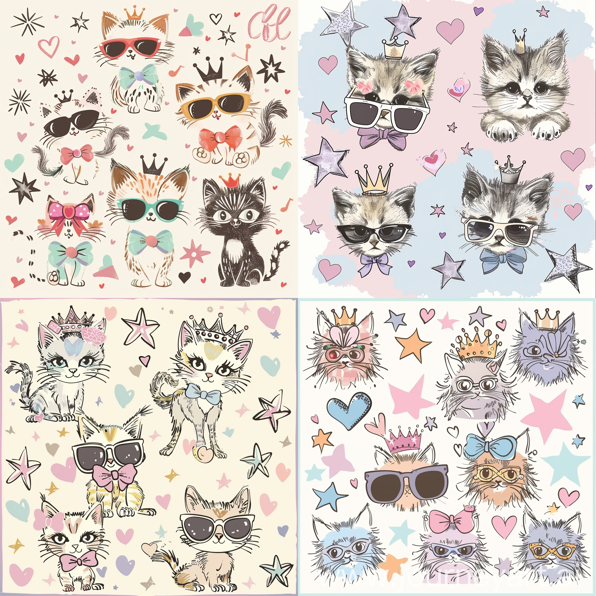 chic pastel background adorned with Coquette-inspired illustrations of adorable kittens wearing bows, crowns, or sunglasses. Surround the kittens with hearts, stars, and other girly motifs.