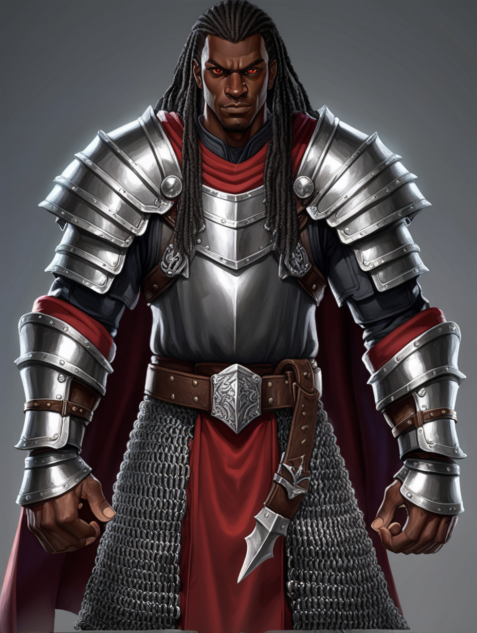 A tall and muscular black man warrior with grey chainmail armor and a dark robe on top. He has knuckle dusters on his hands. He has grey, medium-length dreaded hair, red eyes, and a gentle smile.