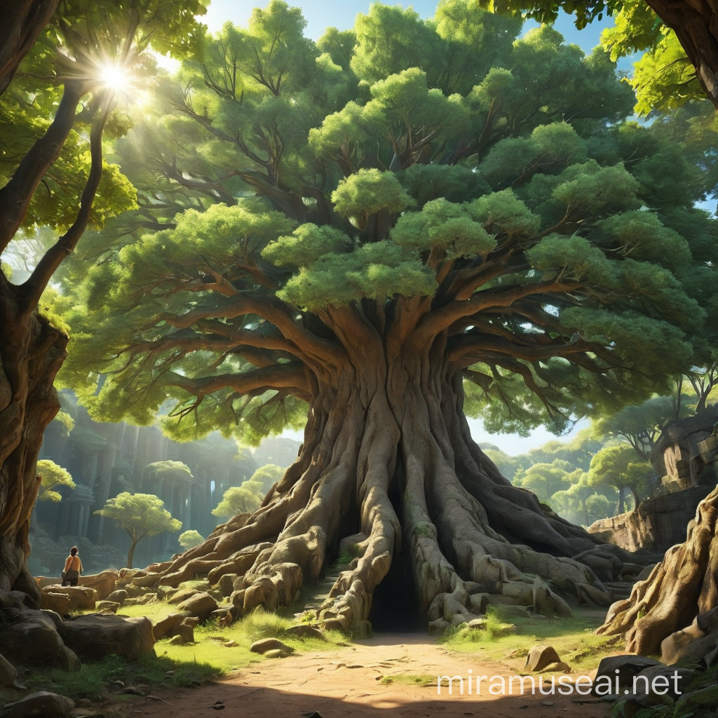Vibrant Ancient World Giant Tree Under Bright Sunny Sky