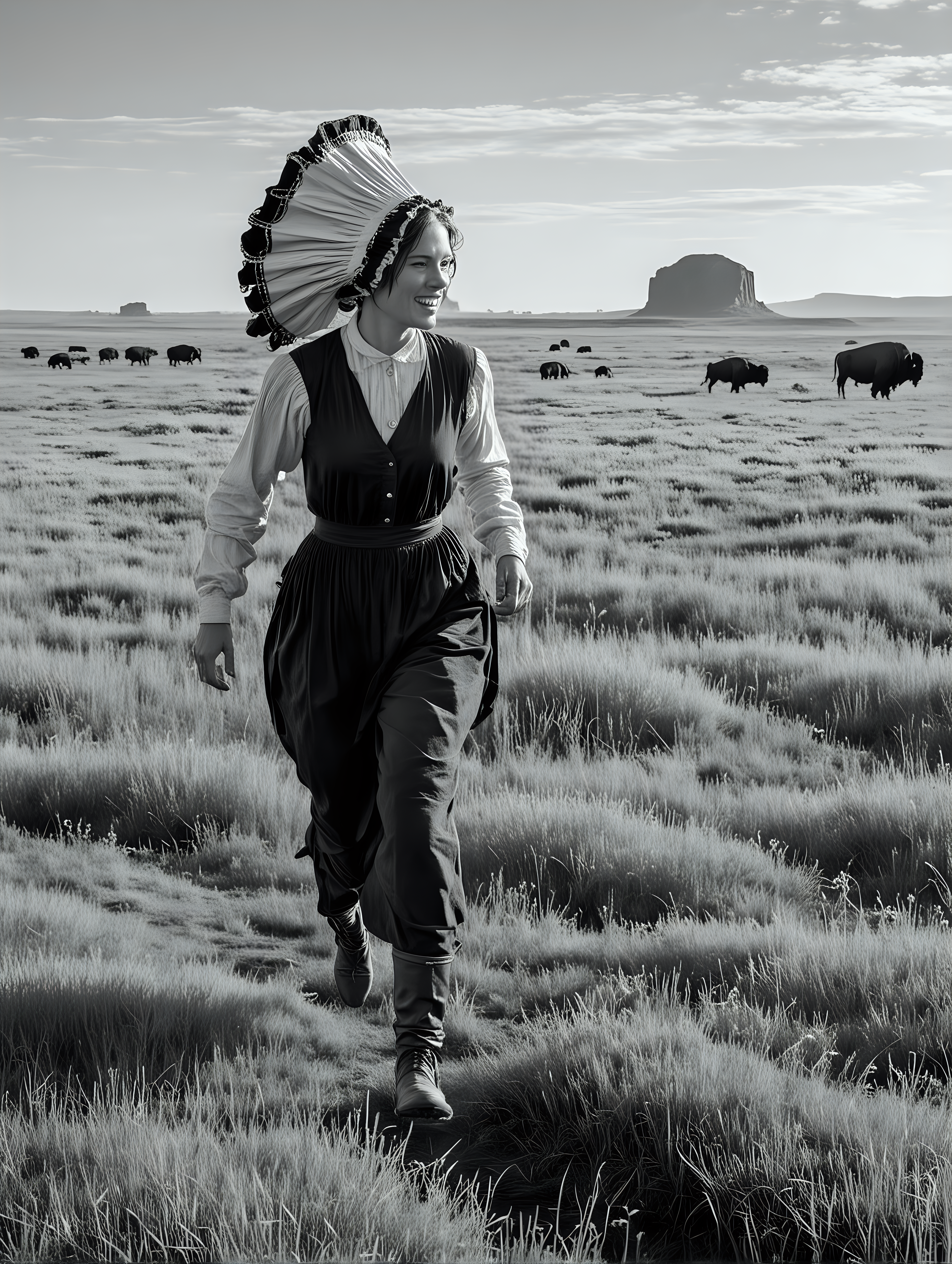 A woman runs through the prairie. She is a pioneer and wears a bonnet. there are buffalo in the background. Seen from the side.  In black and white. 