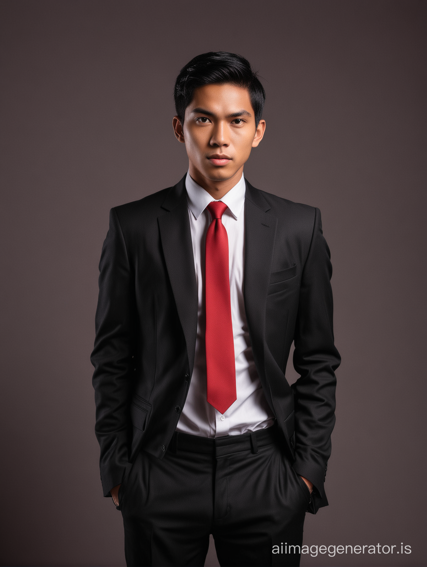 An indonesian handsome young man, black short hair, wearing black sut and black tie, with background striking red for postcard photo.. head and body look straight to the camera.. 