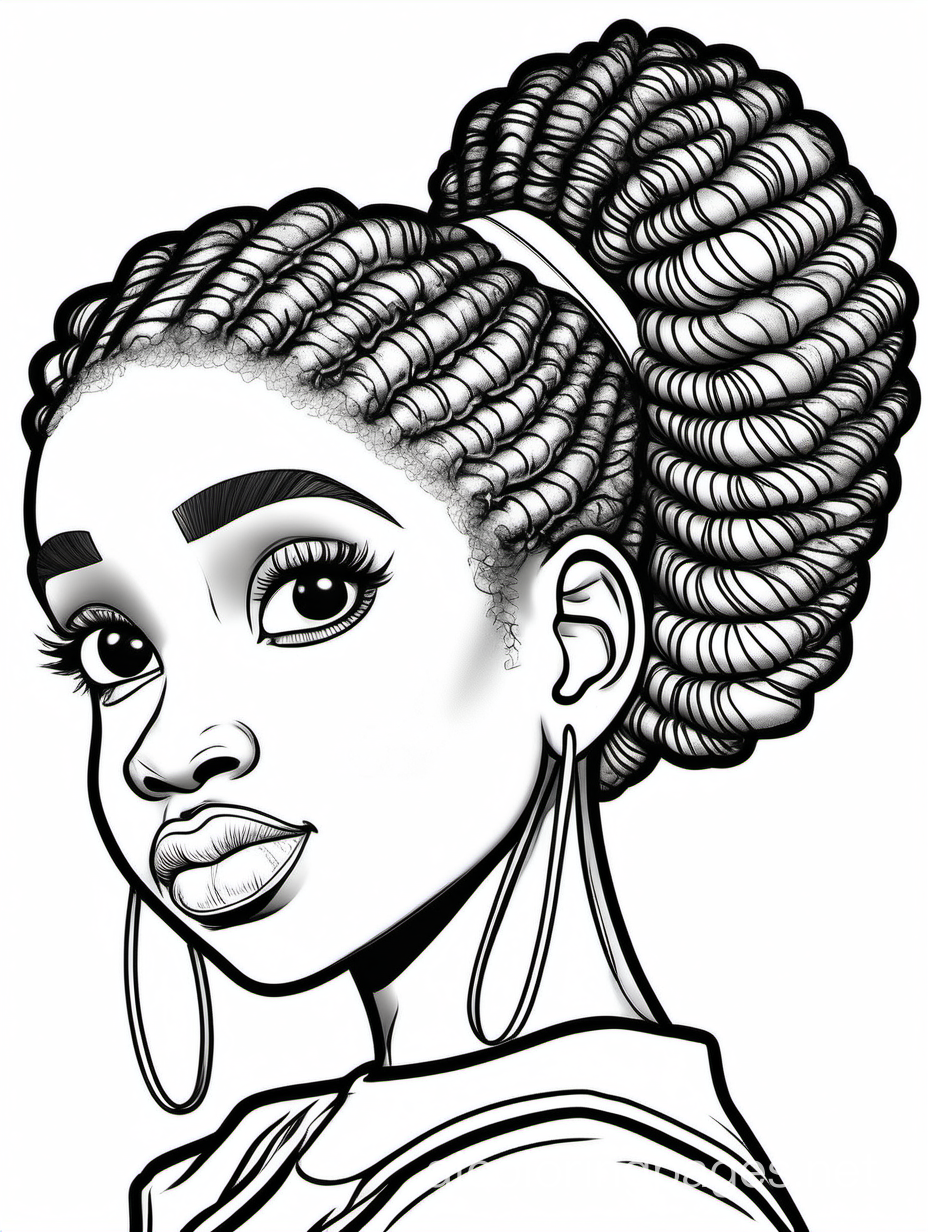 Pretty black woman puffball ponytail, Coloring Page, black and white, line art, white background, Simplicity, Ample White Space. The background of the coloring page is plain white to make it easy for young children to color within the lines. The outlines of all the subjects are easy to distinguish, making it simple for kids to color without too much difficulty
