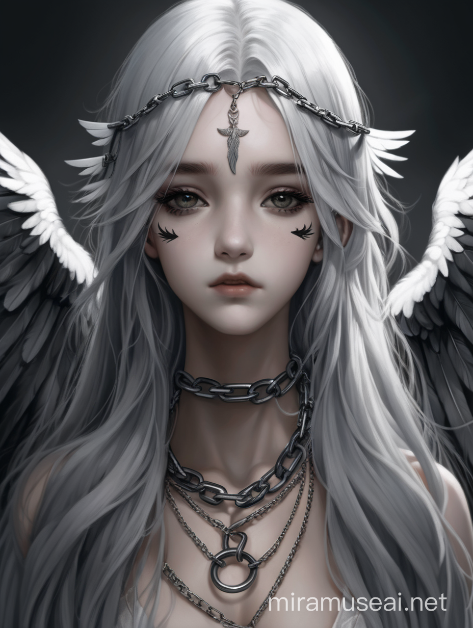 A girl, long white hair, dull grey feathered wings, grey eyes, a black tatoo of a chain around her neck