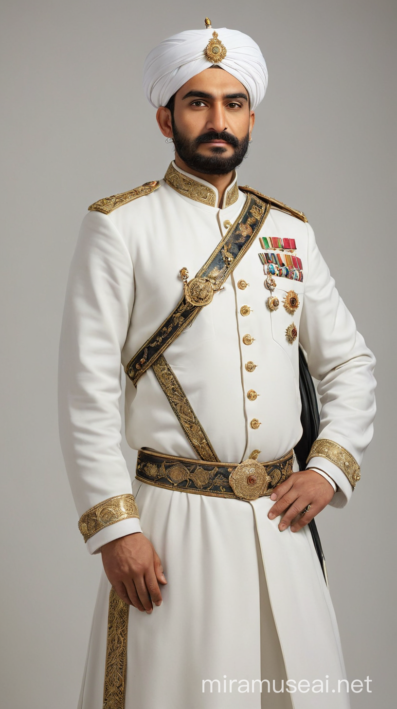 Iranian born Turkic origin Shamsuddin Ilyas Shah, Sultan of Bengal, is standing in front of a white background, wearing a Shahi Nawab dress.