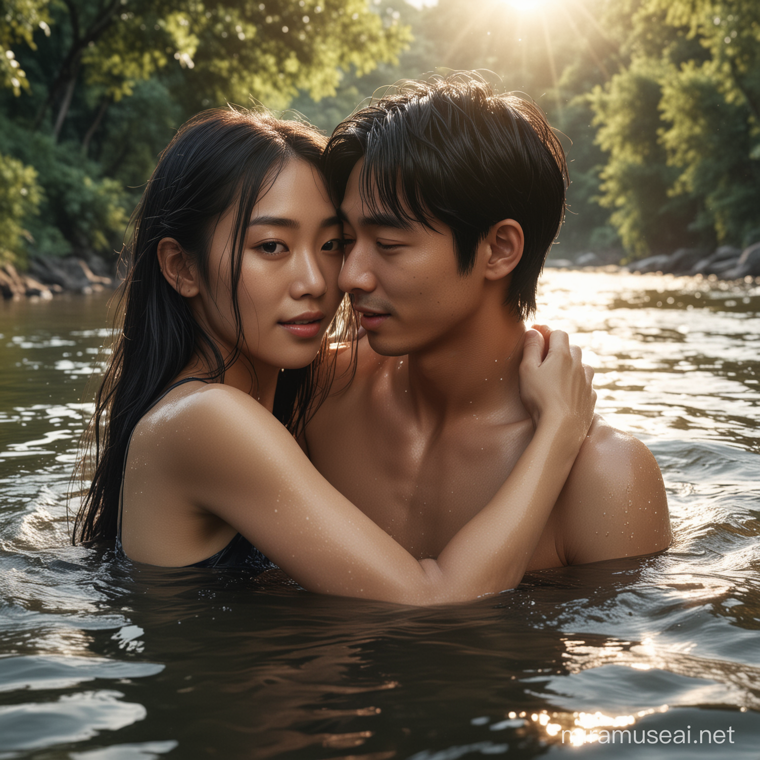 RAW, photorealistic. Two romantic asian couple, swimming in the river. Boy 22 years old hugging a pretty girl with long black hair, selfie pose, intricately detailed, cinematic lighting, sharp focus.