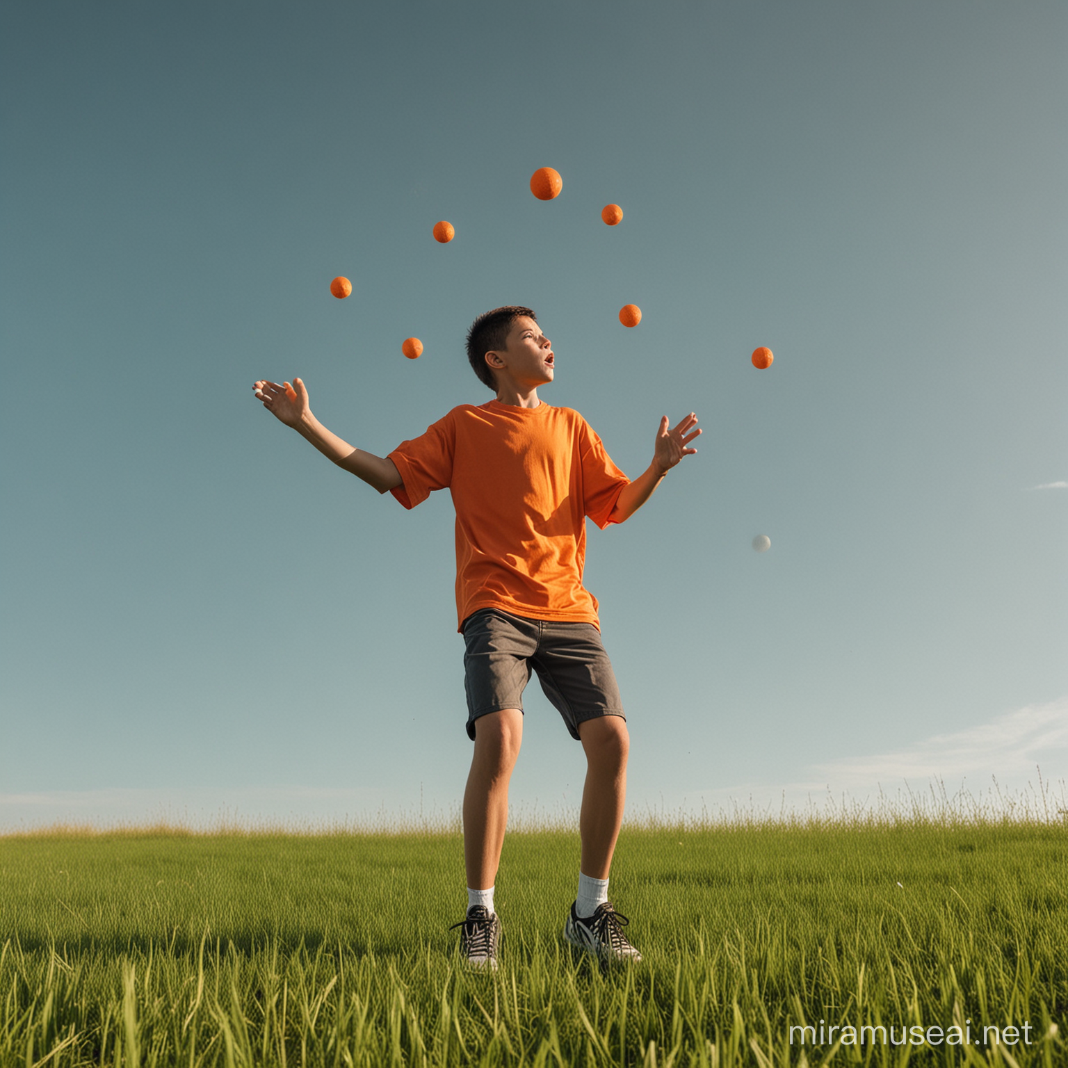 A vector boy in an orange shirt is juggling five balls in a grassy field.
