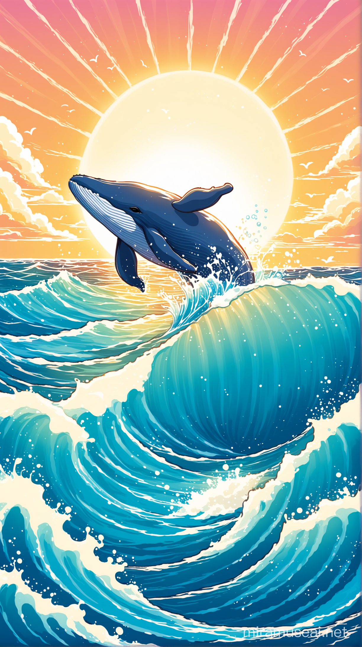 Create a kids illustration,A whale jumps out of the ocean, splashing water, in front of a sun and waves. The whale is blue. 