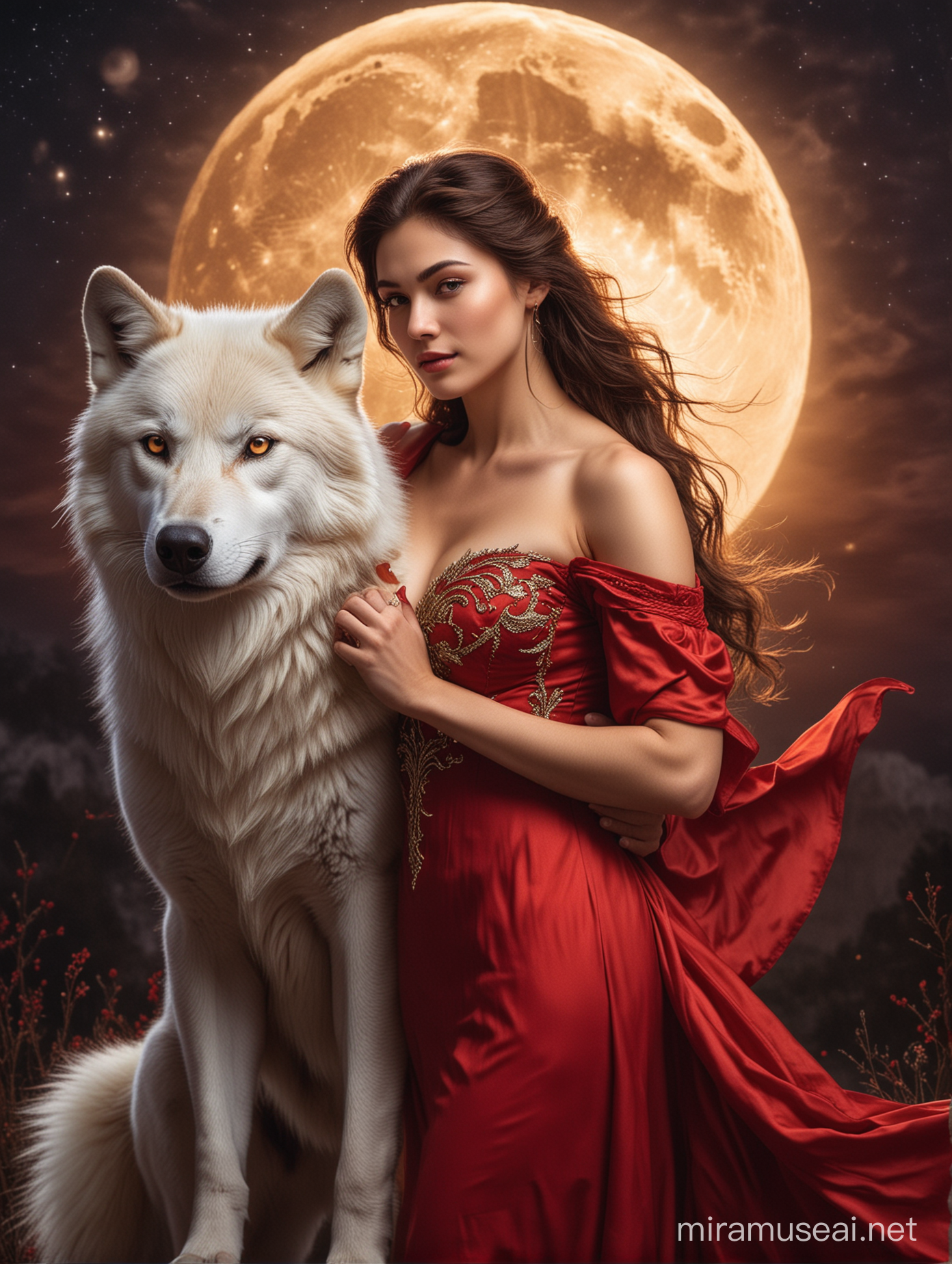 Romantic Couple with Glowing Wolf Under Moonlight