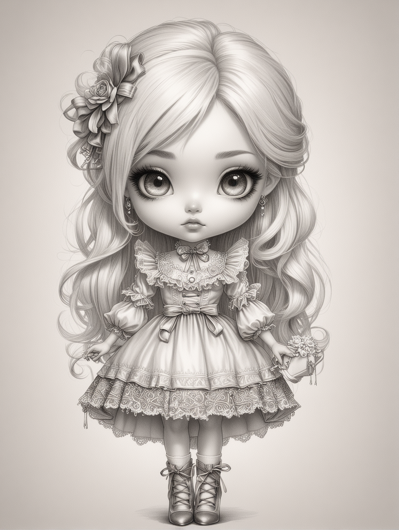 Black and white realistic pencil drawn sketch outline of a beautiful woman, chibi style, she has white hair, plump lips, big almond eyes. She is dressed in victorian era fashion outfit , high heels, white background 