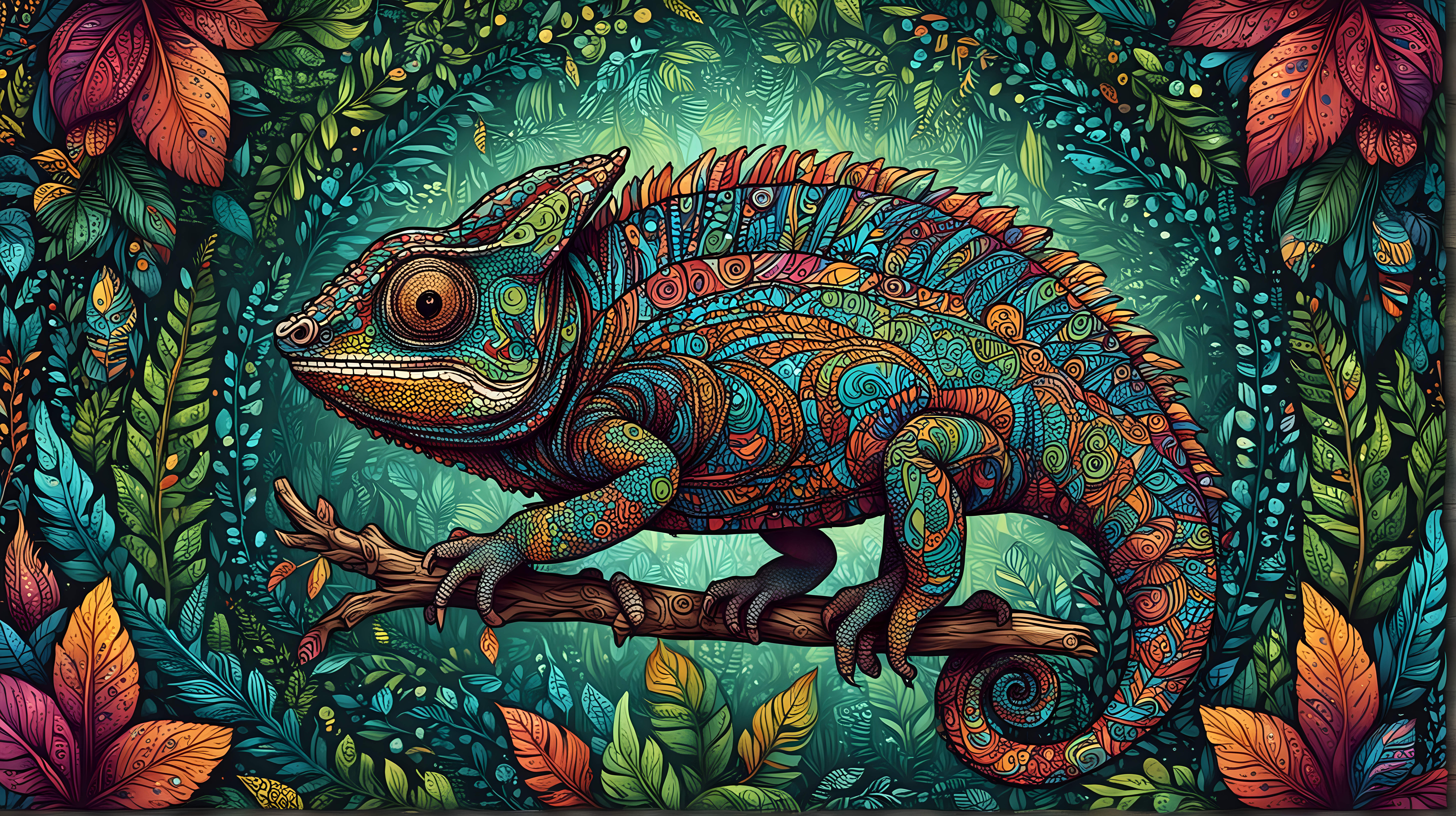 vibrant colored chameleon , tribal pattern styled, mandala forest background