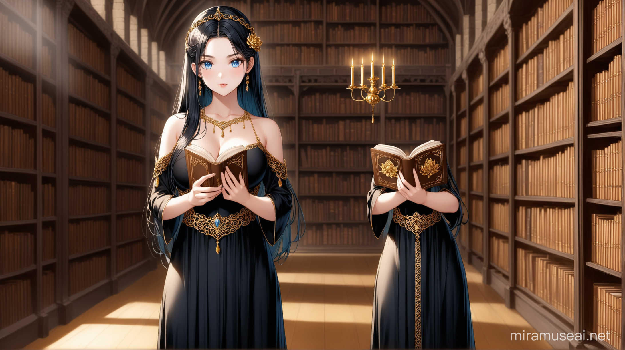 Seductive Woman in Black Dress Reading Book in Medieval Library