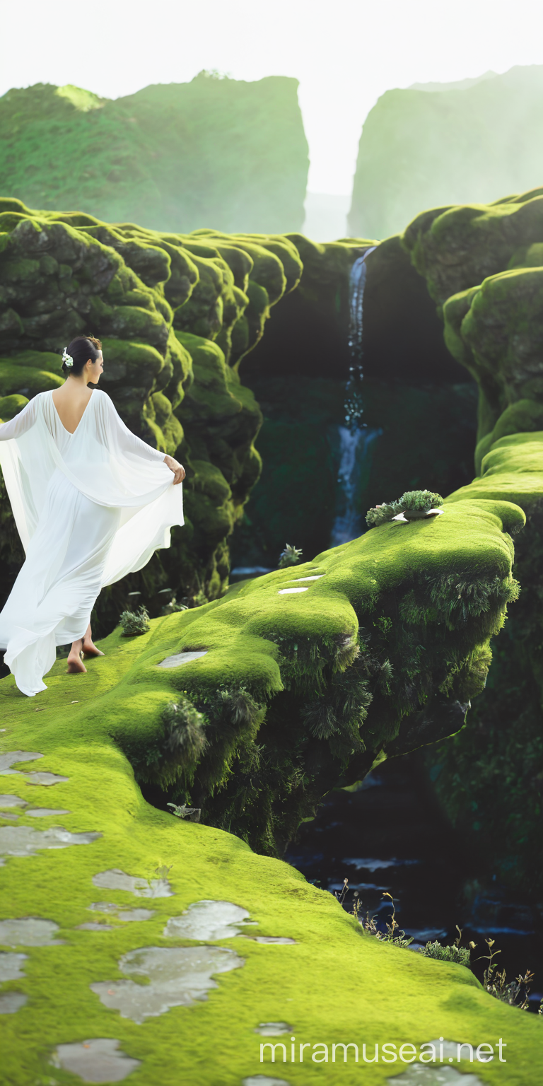 Woman Walking Barefoot on Mossy Edge