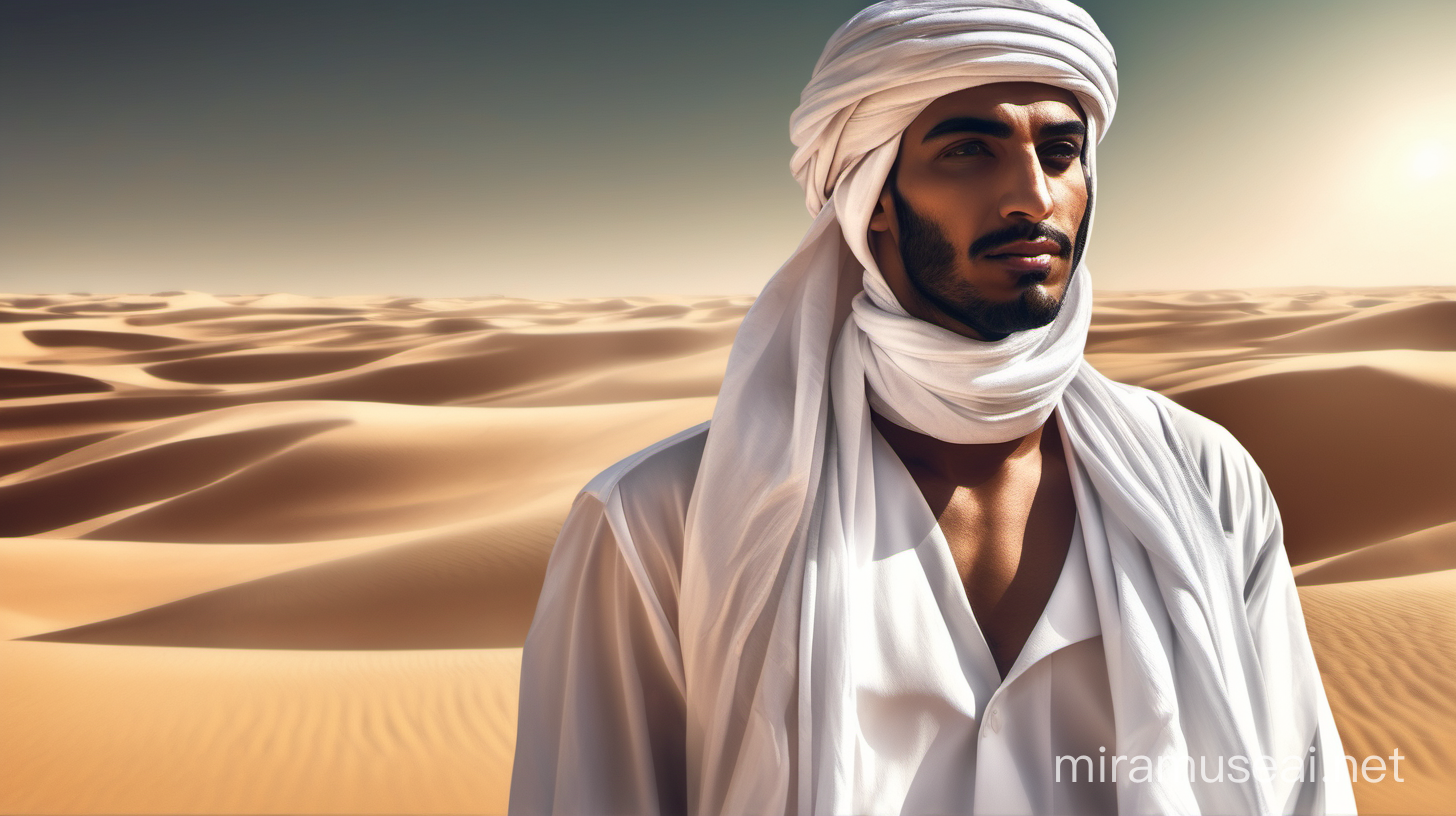 an arabian man in the arabian desert wearing an white turban, in adigital painting style

