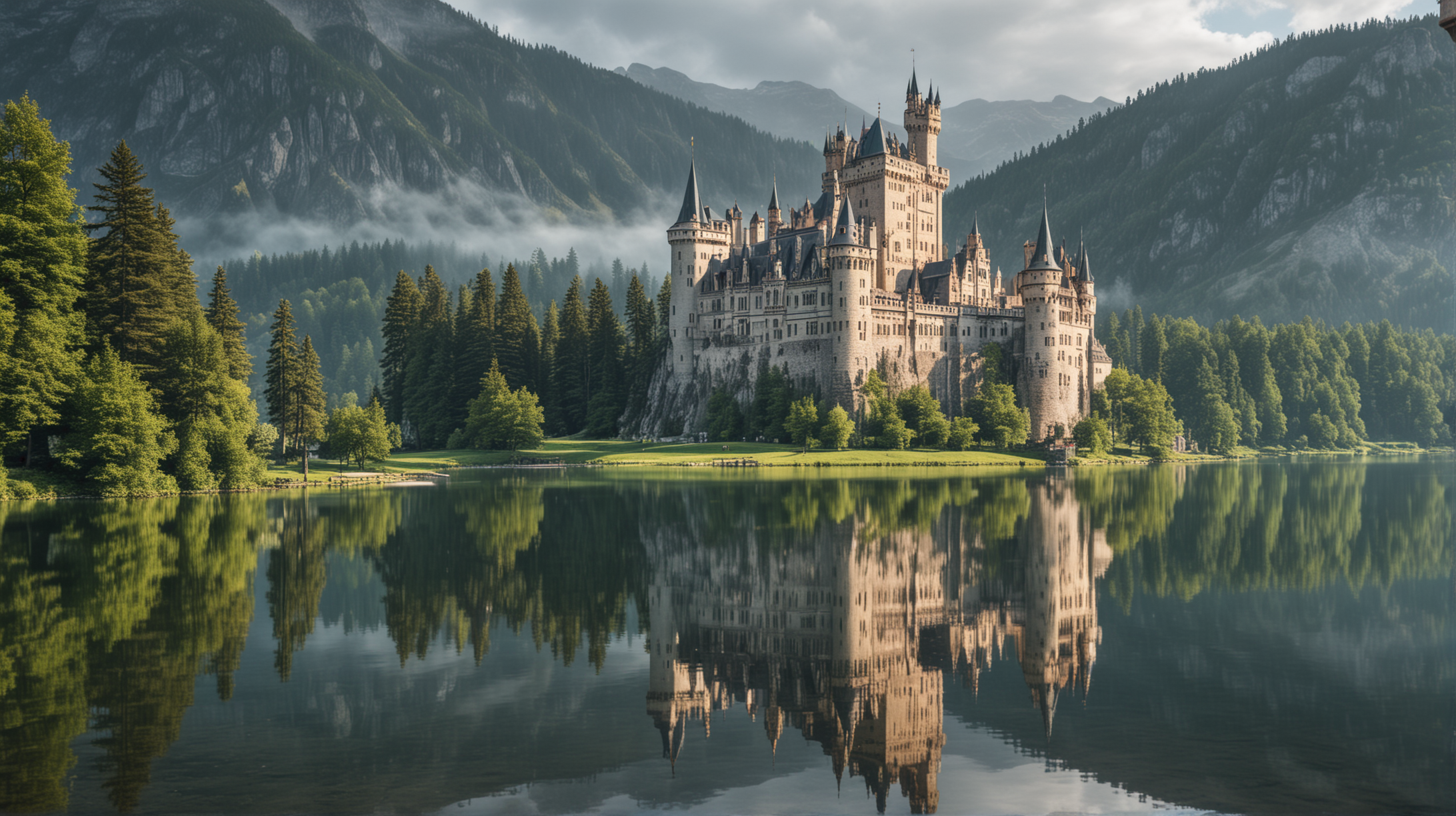 A majestic castle reflecting perfectly on a lake.