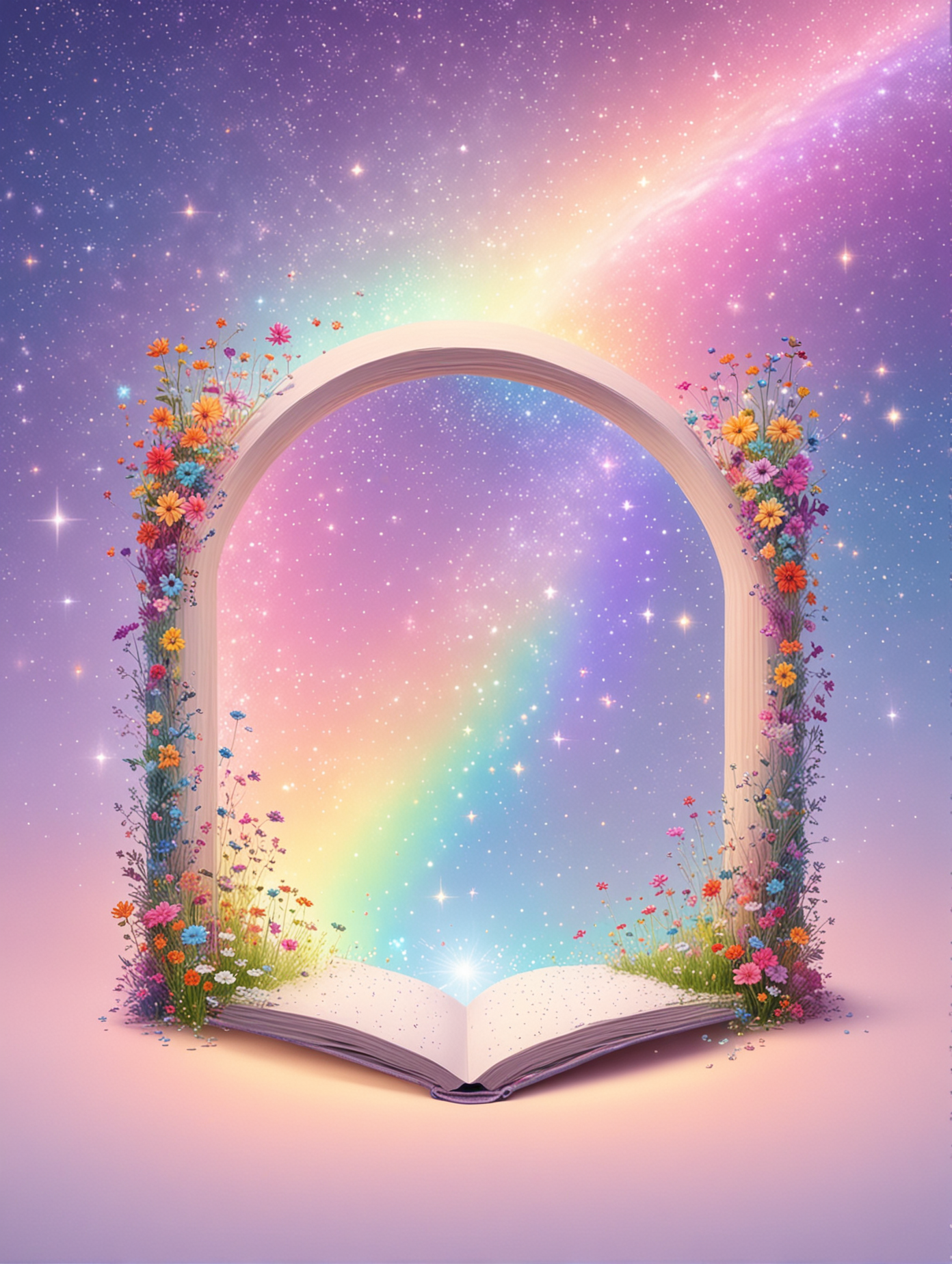 A notebook in a pastel rainbow garden on earth, that opens a portal to a bright white and rainbow magical starry sky, background