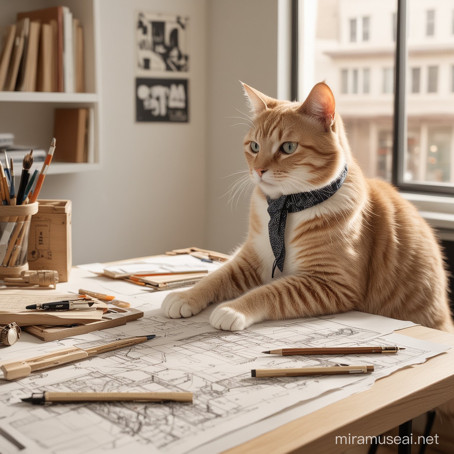 Subject: The image features a cat, symbolizing creativity and agility, engaged in the intricate process of drafting architectural designs. This subject matter is unique as it combines the elegance of feline grace with the precision and intellect required in architecture. Setting/Background: The setting is a well-lit, modern workspace with a minimalist design, providing a clean and professional backdrop for the cat's creative endeavors. The background showcases tools of the trade such as drafting boards, architectural models, and design software interfaces, emphasizing the cat's dedication to its educational journey. Style/Coloring: The style of the image is realistic with a touch of whimsy, capturing the essence of the cat's focused demeanor while maintaining a playful atmosphere. The coloring is dominated by neutral tones, with accent colors that highlight the architectural elements and bring attention to the cat's artistic expressions. Action/Items/Costume/Appearance/Accessories: The cat is portrayed with a thoughtful expression, its paws delicately manipulating a drafting pencil or stylus. It might be wearing a small architect's hat or a scarf with architectural motifs, adding a charming and fashionable touch to its appearance. Various architectural tools, such as rulers, protractors, and blueprints, are scattered around the workspace, showcasing the cat's immersion in its studies and design process.