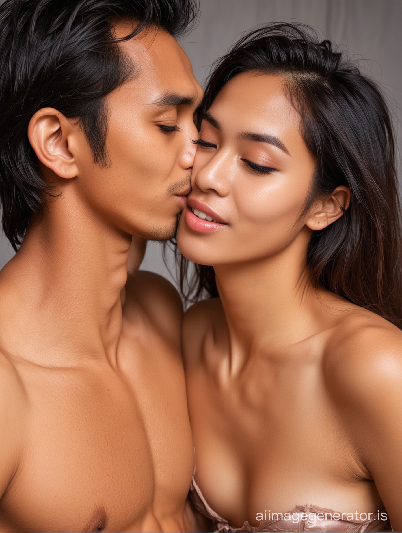 A young handsome indonesian man is kissed on his left cheek by his beautiful girlfriend.  He is surprised but  keep looking at the camera.. the man is shirtless, the girlfriend is long silky hair and she only wearing silk bra.. she kissed him while closing her eyes