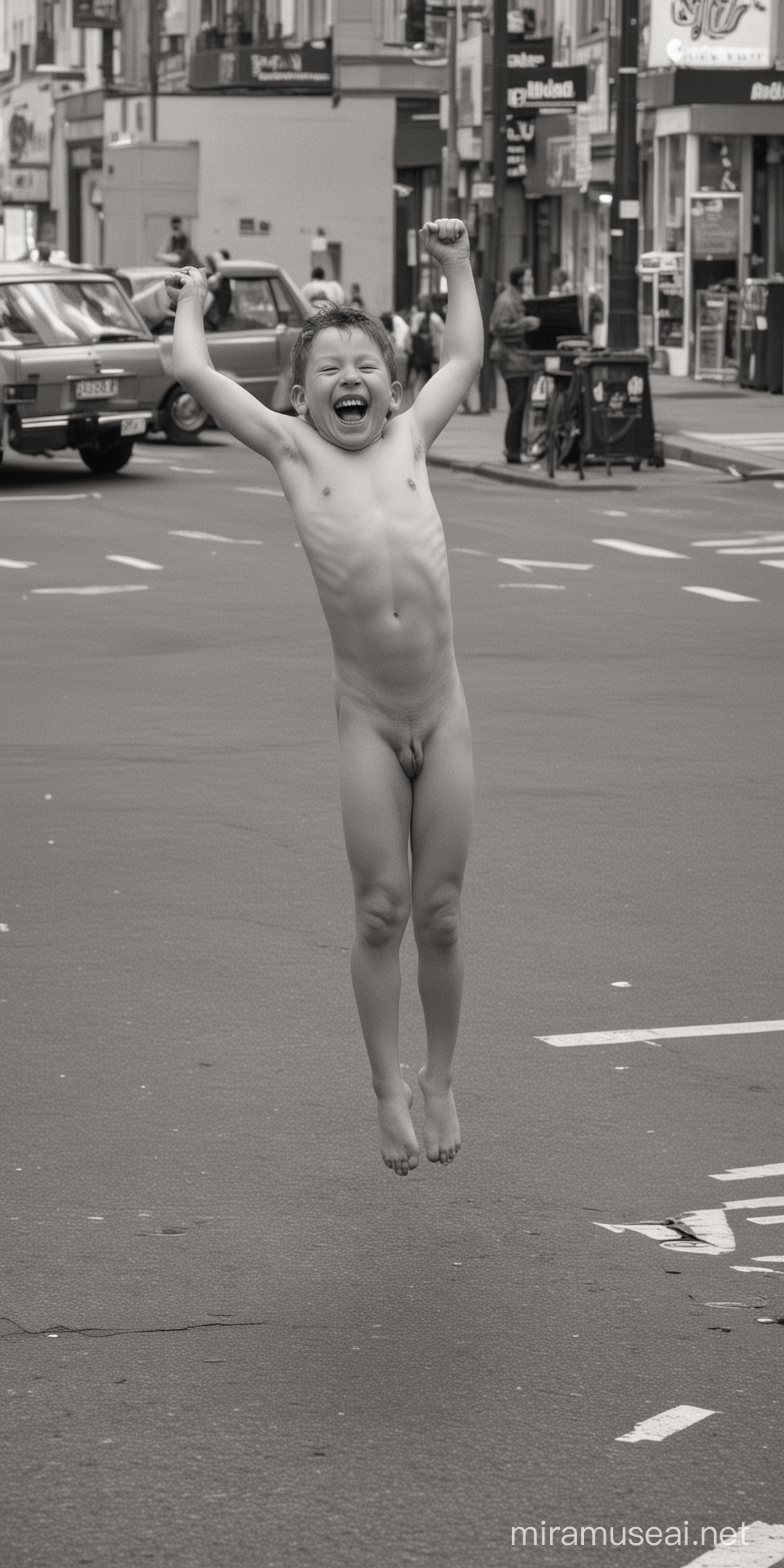 Rapaz dá salto mortal, pelado de frente, rindo, no meio de rua movimentada.
Letreiro: Aleluia! Sabadou!