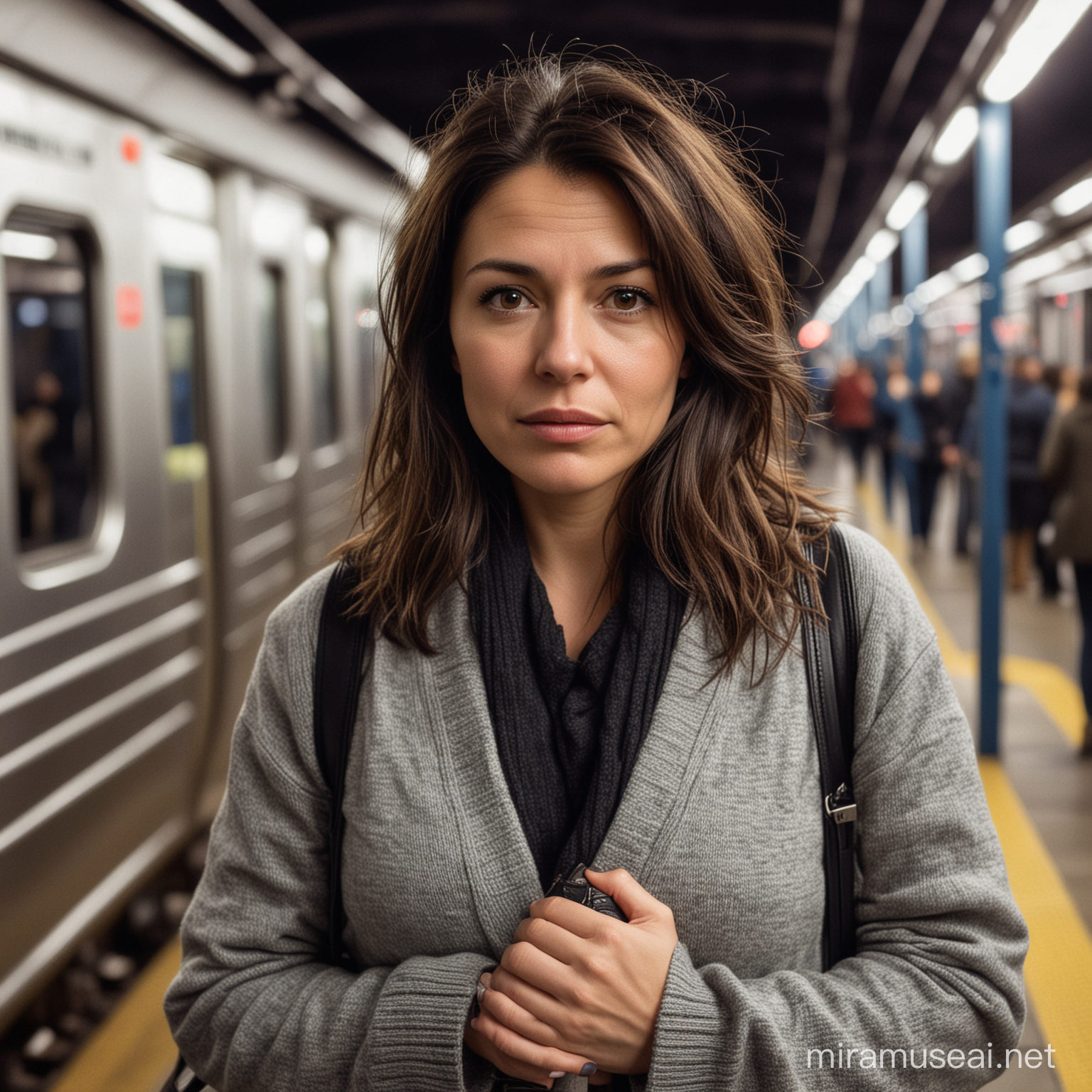 American woman, in the subways, of Kansas City, at night, waiting for train to come, she is 37 years old, dark brown hair, brown eyes, grey cardigan, carrying glossy black purse, worried facial expression