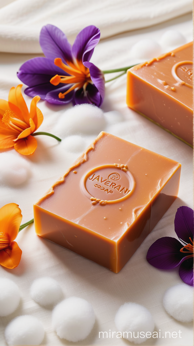 A close-up photo showcases a bar of JAVERIAN Saffron  Soap resting on a bed of fluffy white cotton. The soap is a beautiful pale orange with flecks of saffron visible . Delicate steam rises from the soap, hinting at its refreshing properties. Beside the soap, a single saffron flower with vibrant purple petals rests elegantly. Soft, natural light bathes the scene, highlighting the soap's luxurious texture and calming aura. 
