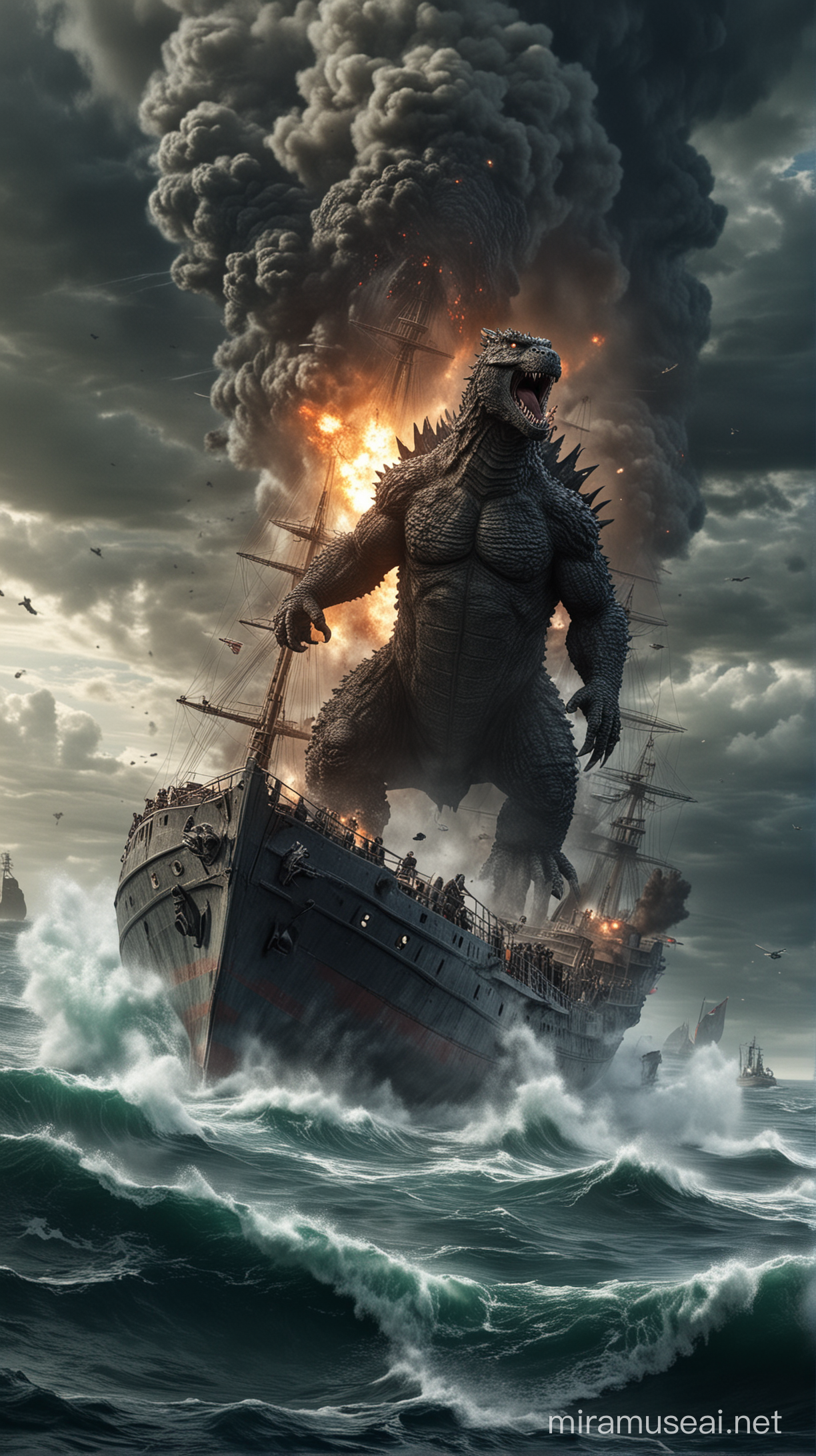 Godzilla attacked the ship in sea