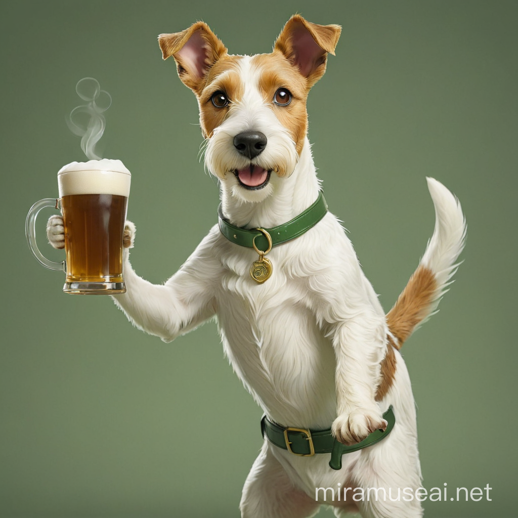 Playful Fox Terrier Toasting with Beer Mug and Coffee Cup Hat