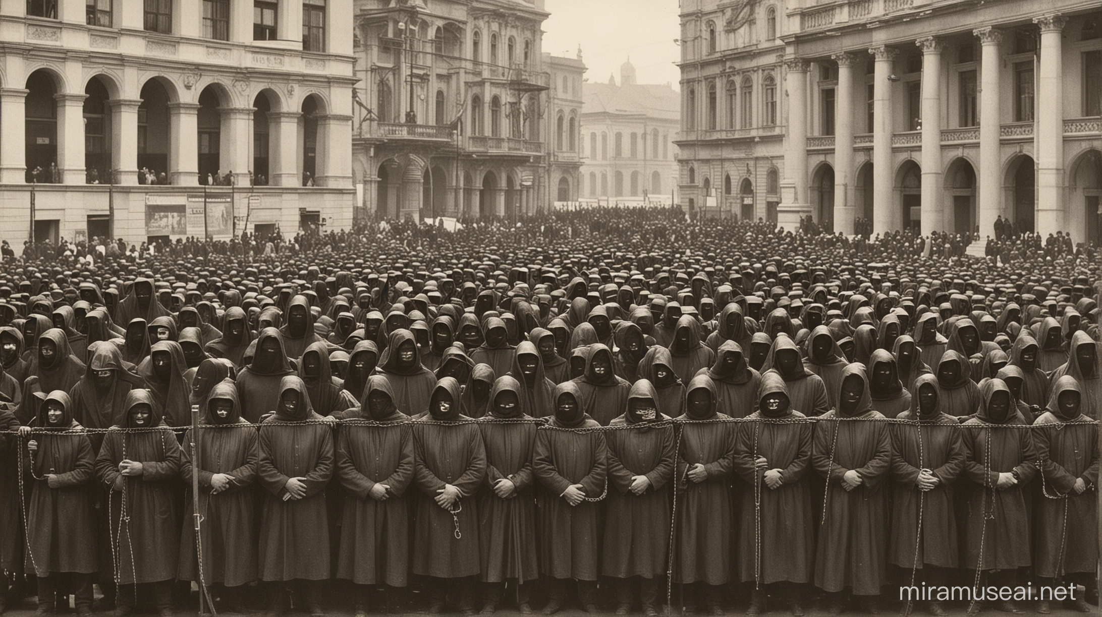 Praça pública com homens com capuz preto cobrindo o rosto e acorrentados, soldados em cima fazendo anúncio e pessoas envolta, Romênia 1910 fotografia 