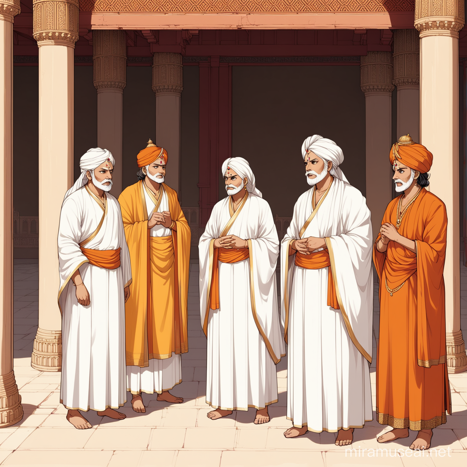 3 Vaidyas and 2 astrolgers in 14th century india with white robes standing confused in a  temple palace