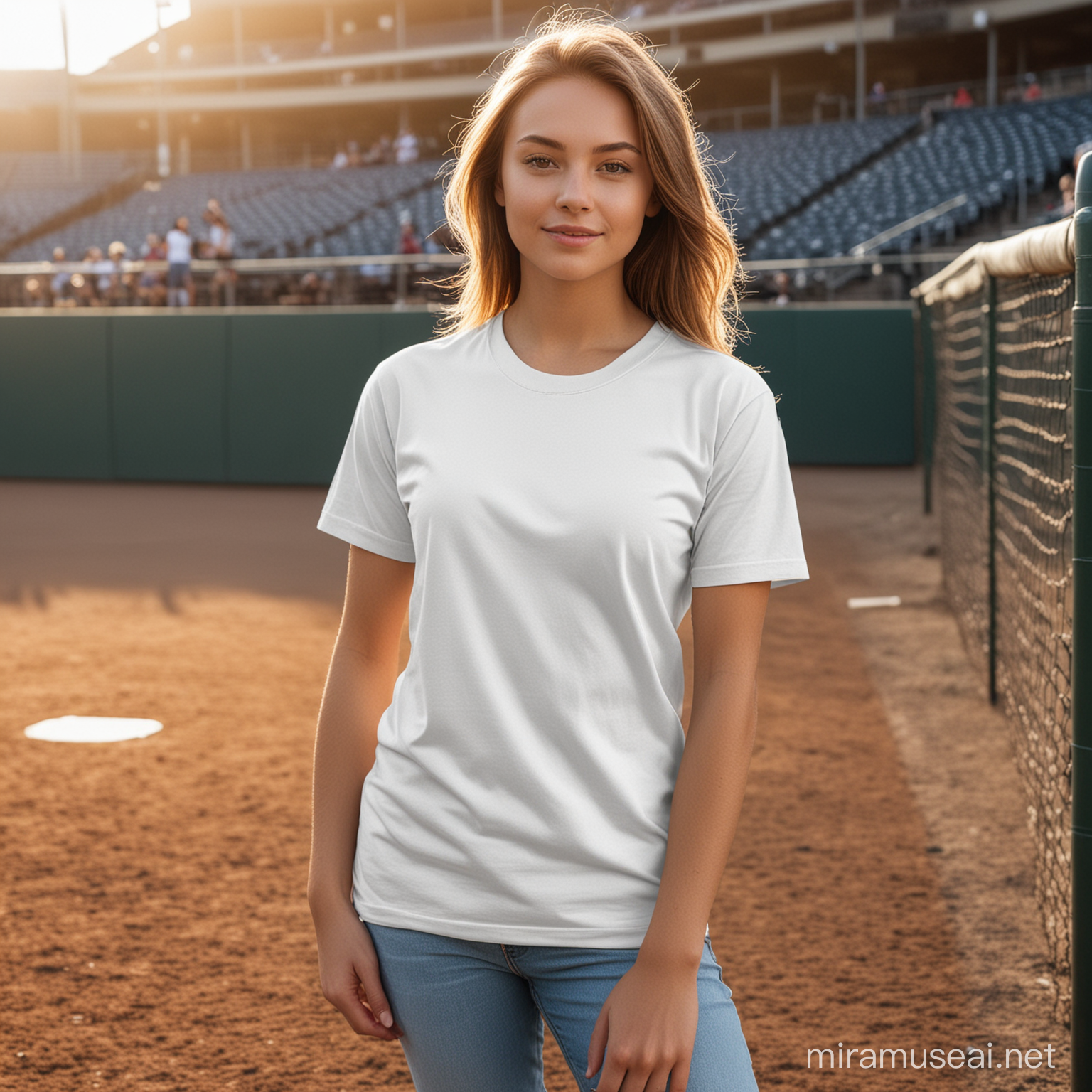 
Create a captivating mockup featuring a girl wearing the blank Gildan 64000 t-shirt white in color free from logo free from logo on t-short 
 on a serene baseball field. Pay meticulous attention to detail to ensure the t-shirt is devoid of any logos or designs, accentuating its pure and versatile essence. Focus on portraying the girl's appearance, posture, and attire with utmost realism, capturing the authenticity of her presence amidst the field's natural beauty.

Utilize advanced lighting and shadow effects to imbue the scene with a sense of depth and immersion, evoking the warm glow of a sunlit day at the ballpark. Showcase the simplicity and comfort of the Gildan 64000 t-shirt as the perfect choice for casual wear in any outdoor setting, allowing the viewer to envision themselves in the serene tranquility of the baseball field.