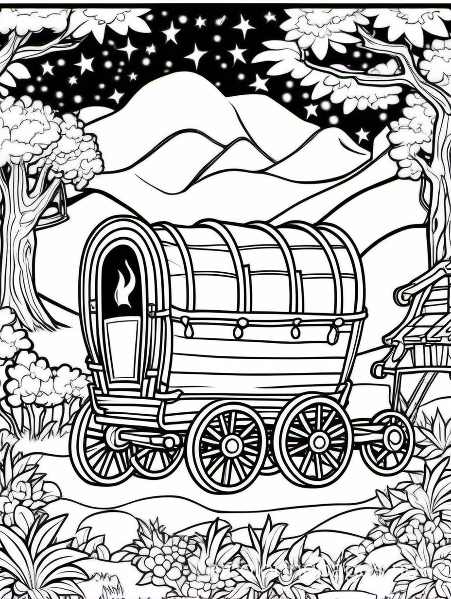 Lisa frank art style, bold graphics,  pioneer wagon with campfire next to it




, Coloring Page, black and white, line art, white background, Simplicity, Ample White Space. The background of the coloring page is plain white to make it easy for young children to color within the lines. The outlines of all the subjects are easy to distinguish, making it simple for kids to color without too much difficulty