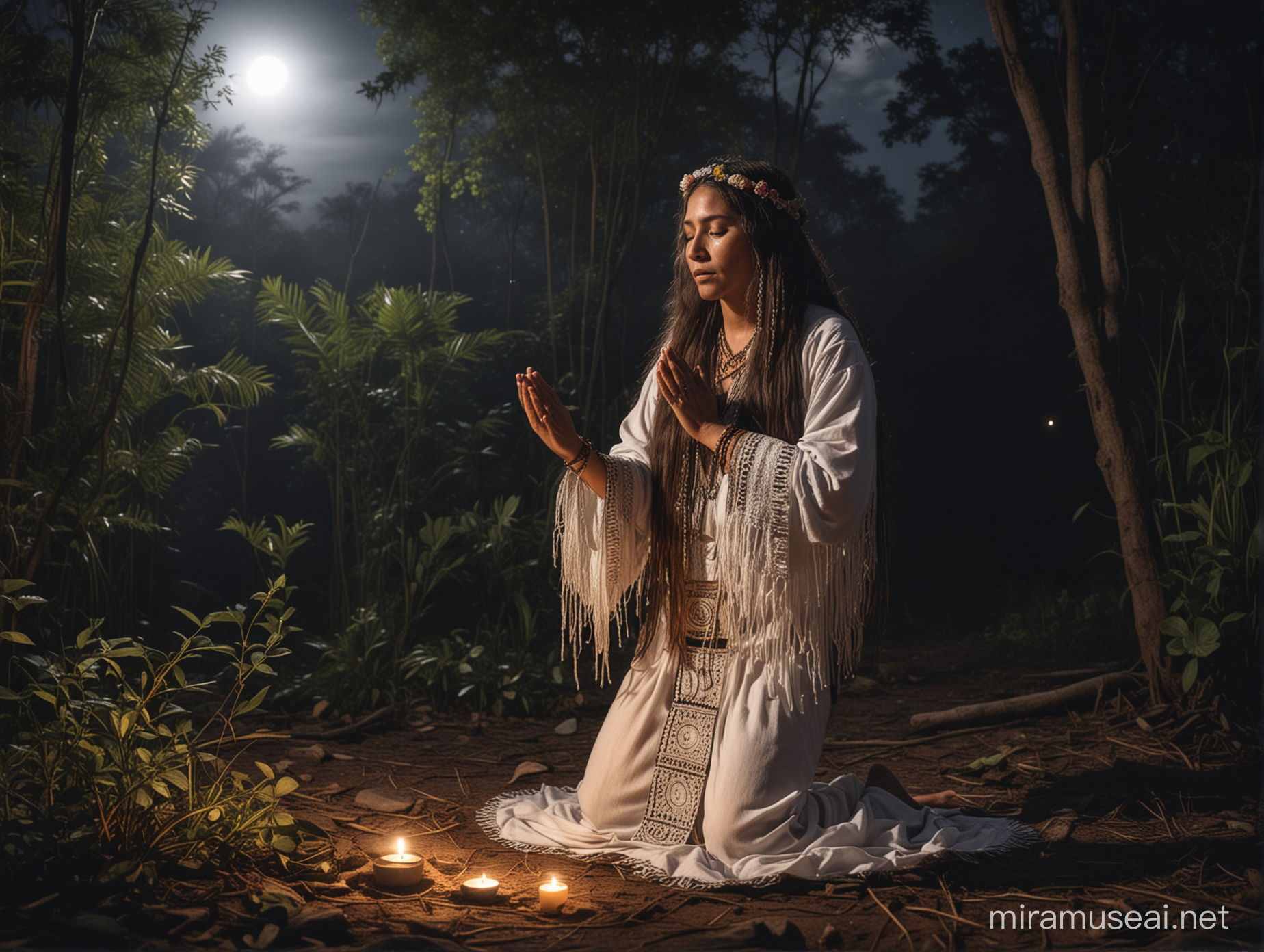 Mexican shaman woman praying in the jungle at night with moon making magic ceremony dressed in plain woven clothing with long flowing hair 