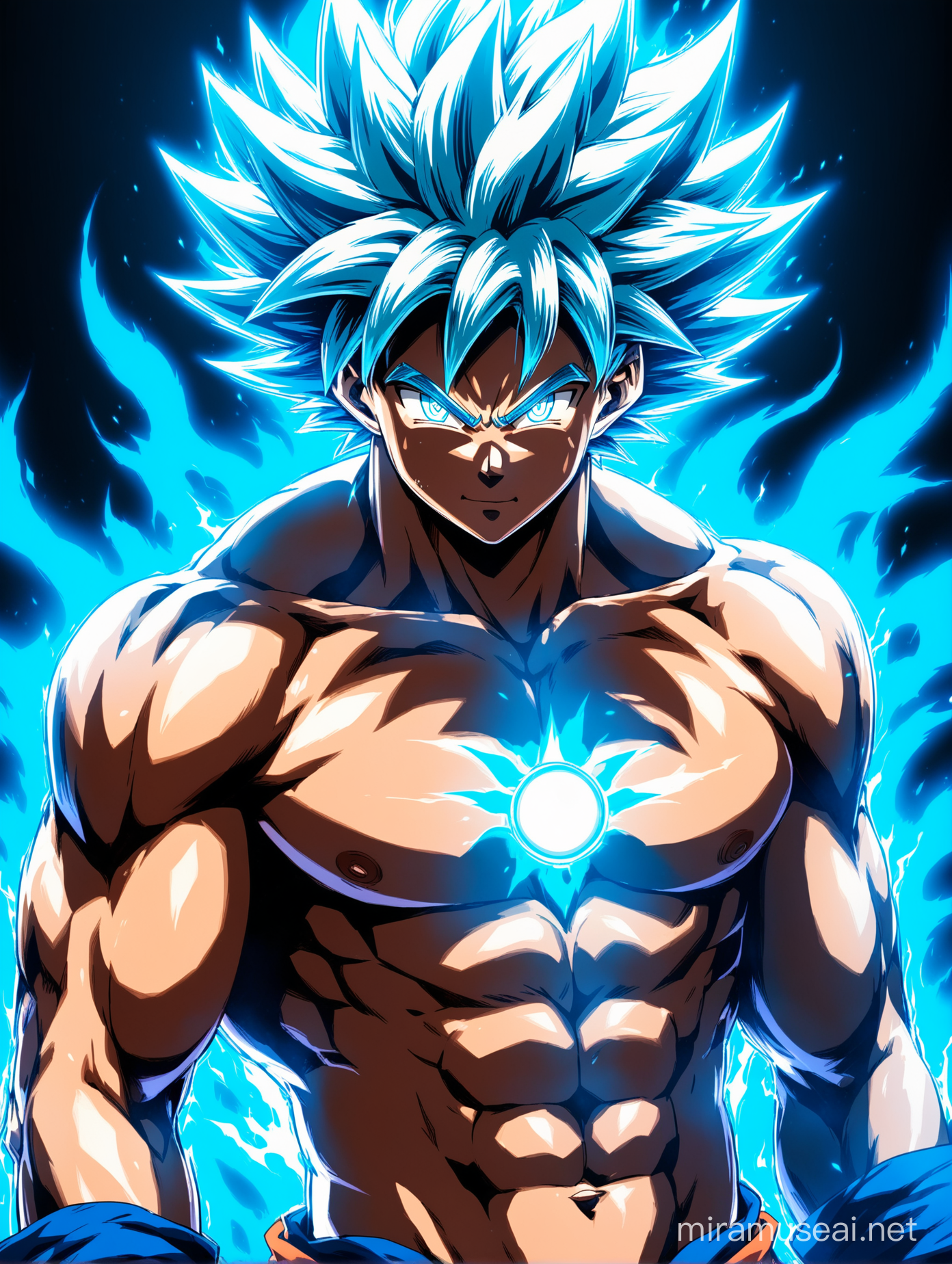 Shirtless Goku With a new Blue-Cyan transformation with strong ultra Blue-Cyan lighting aura, he's lean and vascular, he has white hair only no other colors, side view