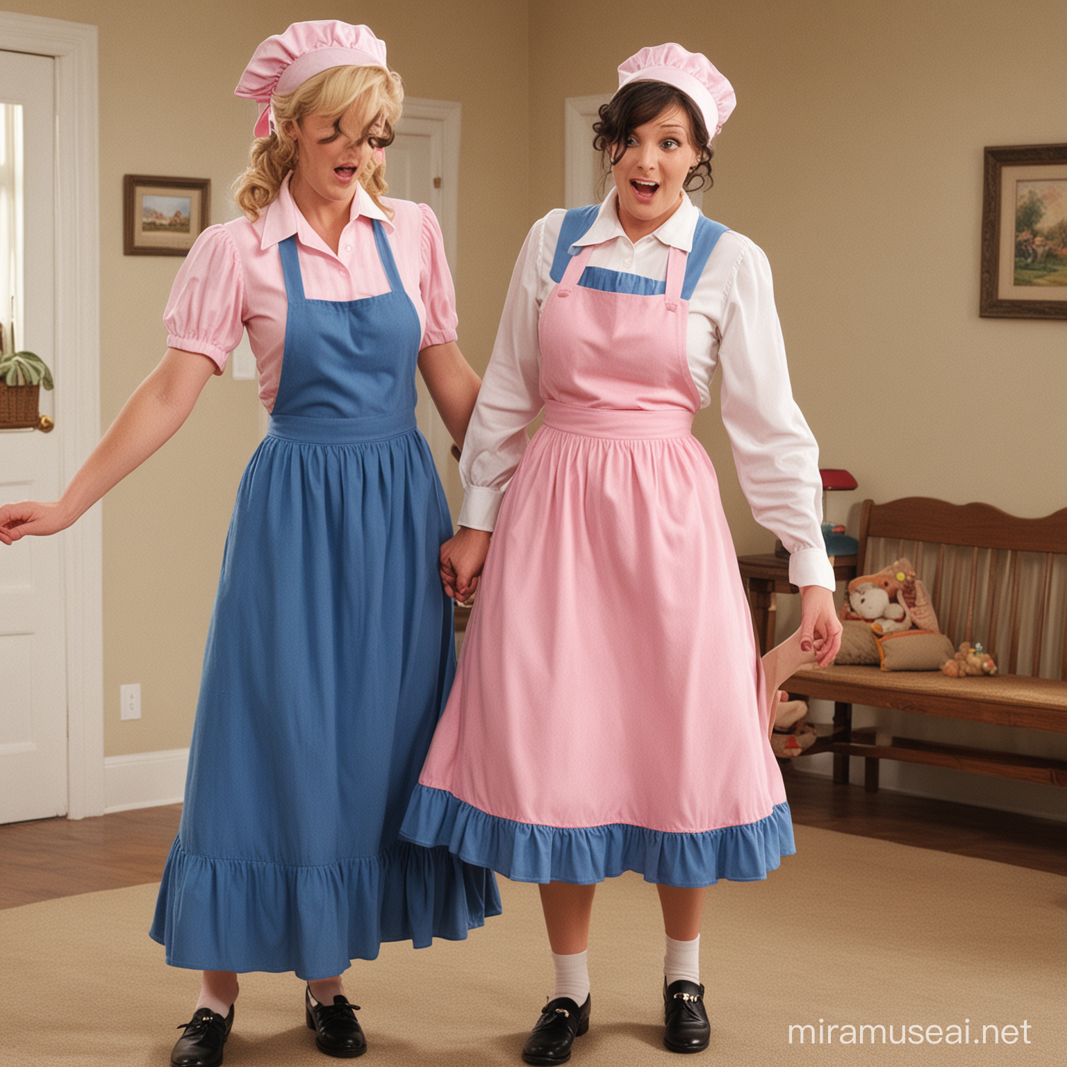 nursery rhyme jack and jill jack falling down jill surprised and going to come tumbling after milf jill wearing pink shirt blue long skirt apron mob cap
