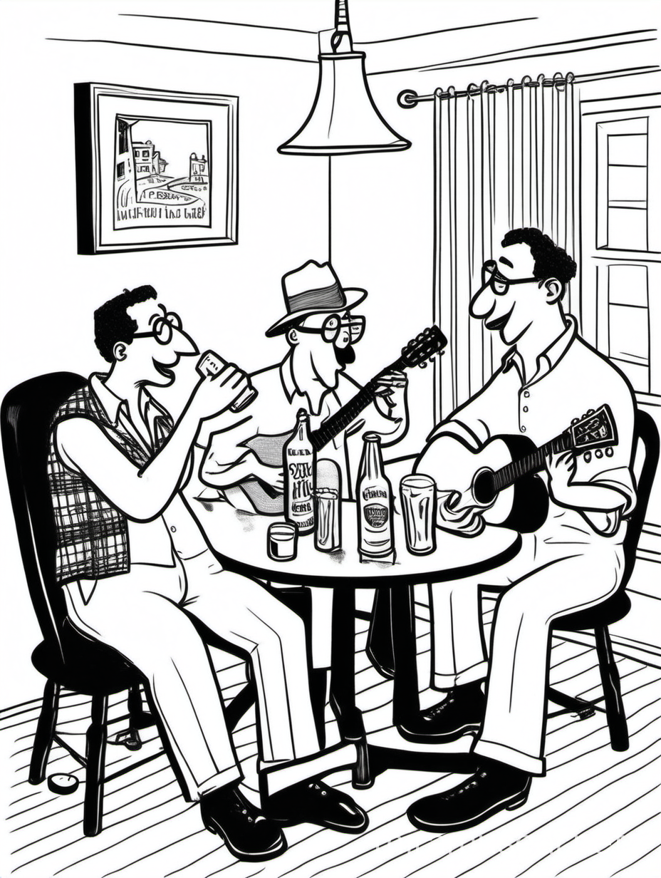 In the style of a New Yorker magazine cartoon or James Thurber illustration, create an image of three friends drinking beer, at a table in a livingroom, one is playing the guitar, two are singing