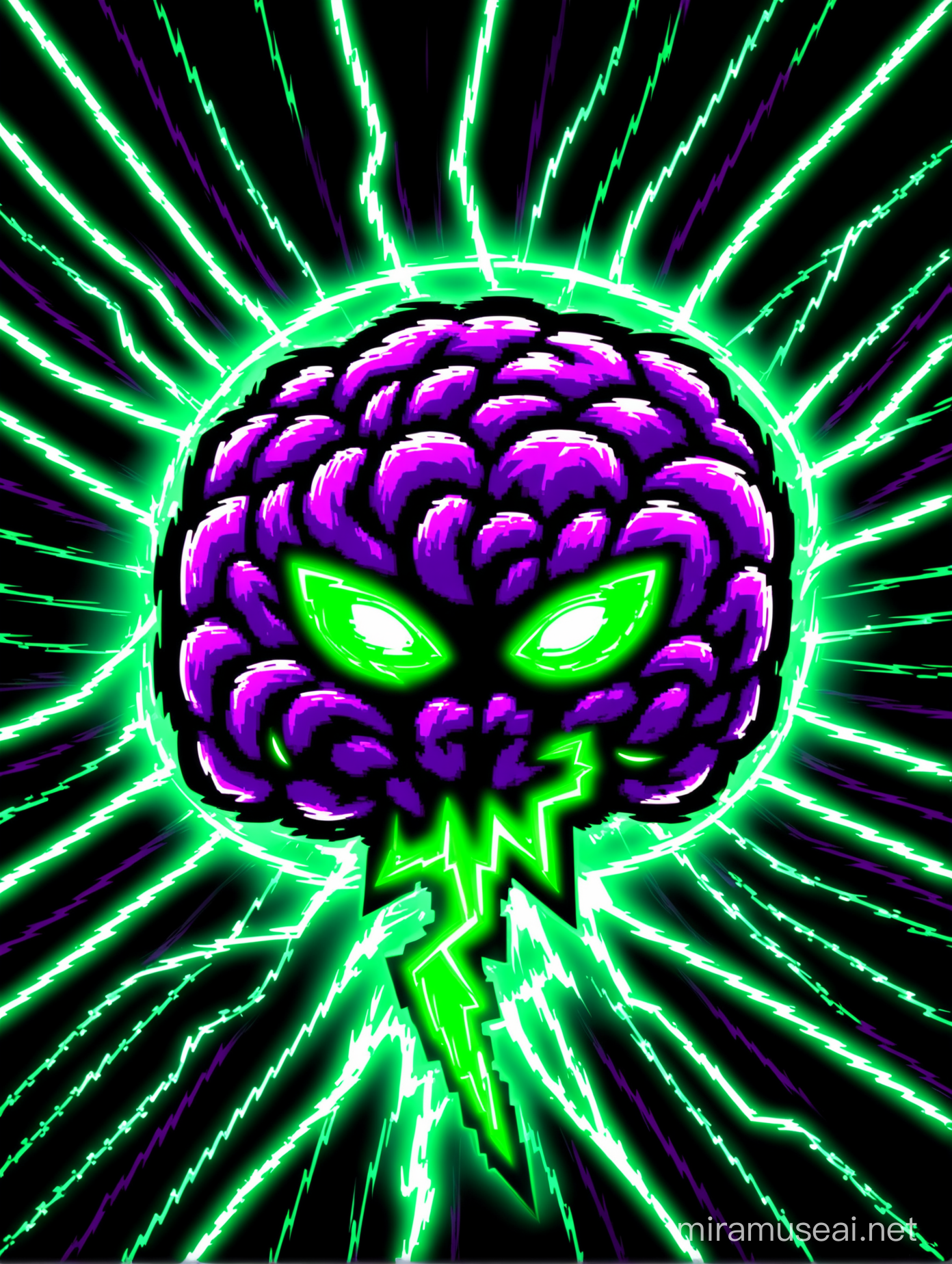 Neon green MEGA LIGHTNING-THUNDER brain in a black background with green lighting, there's some purple energy too but only in small amounts 