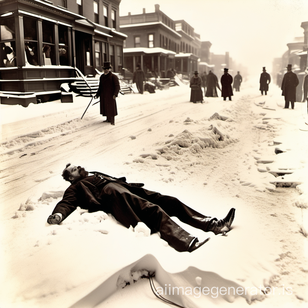 great blizzard of 1888, dead man in snow, bloody
