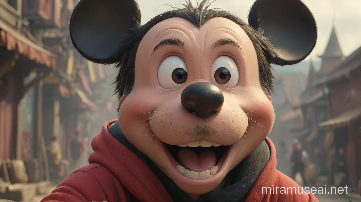 Animated Character Mickey Mouse with Human Features in Conflict with a Bizarre Human