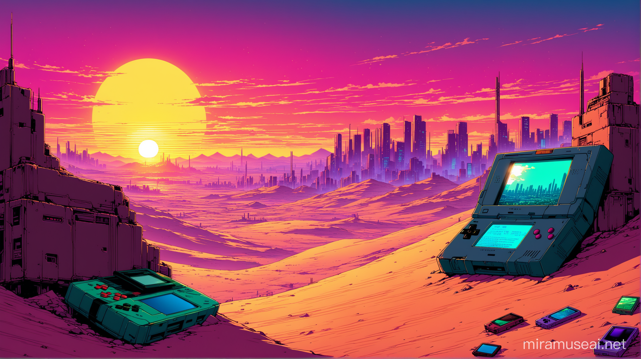 a gameboy lost in an abandonned desert, cyberpunk, akira, dystopian synthwave abandonned city, lot of colors, big and great sun sunset, abandonned broken computers