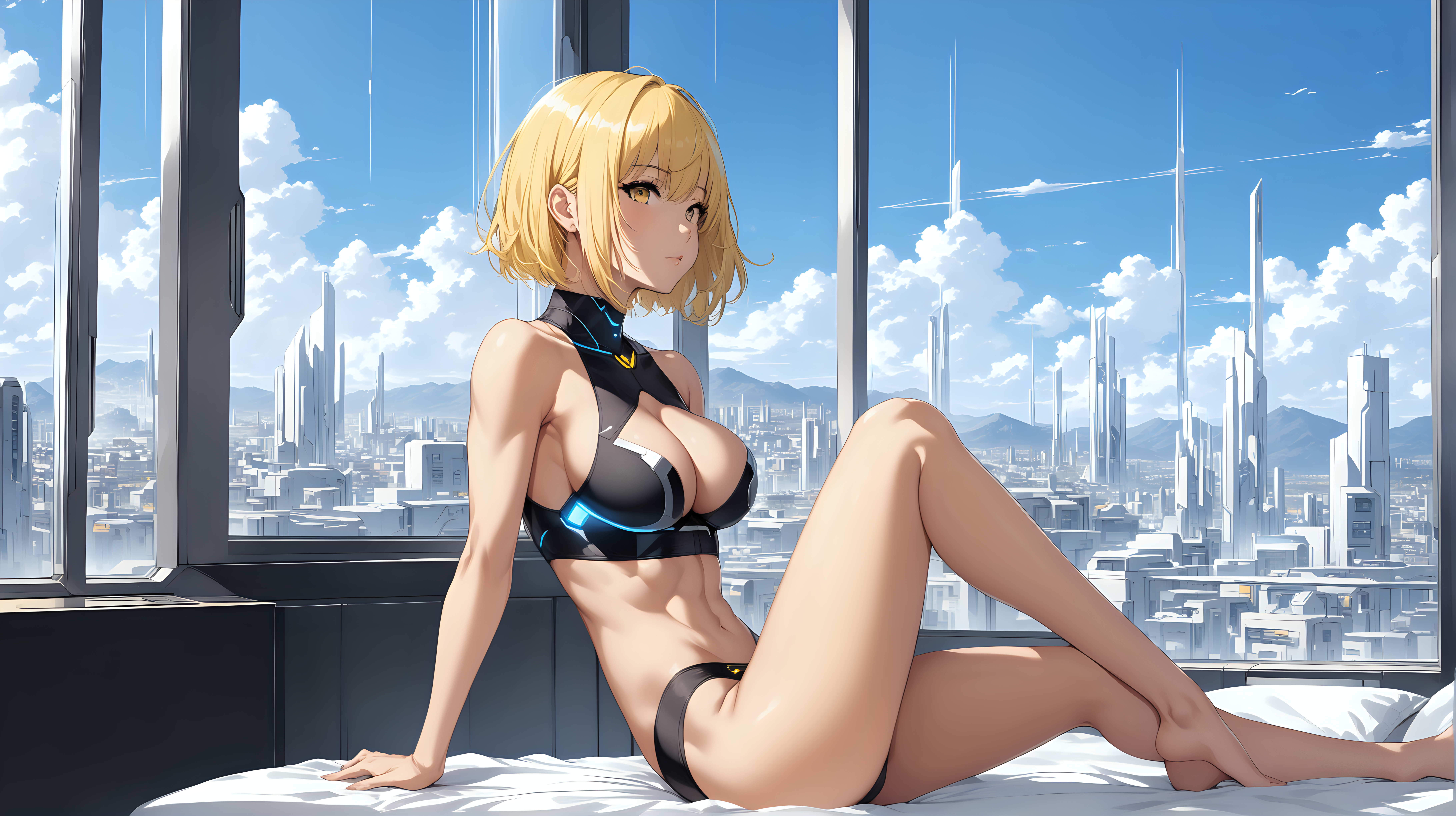 sexy fit 24 year old hero girl, short chin length yellow hair, sitting on edge of bed in futuristic apartment, exposed breasts, black panties, sexy toned body, blue sky and futuristic town in background through window, yellow black white 3 color minimal design